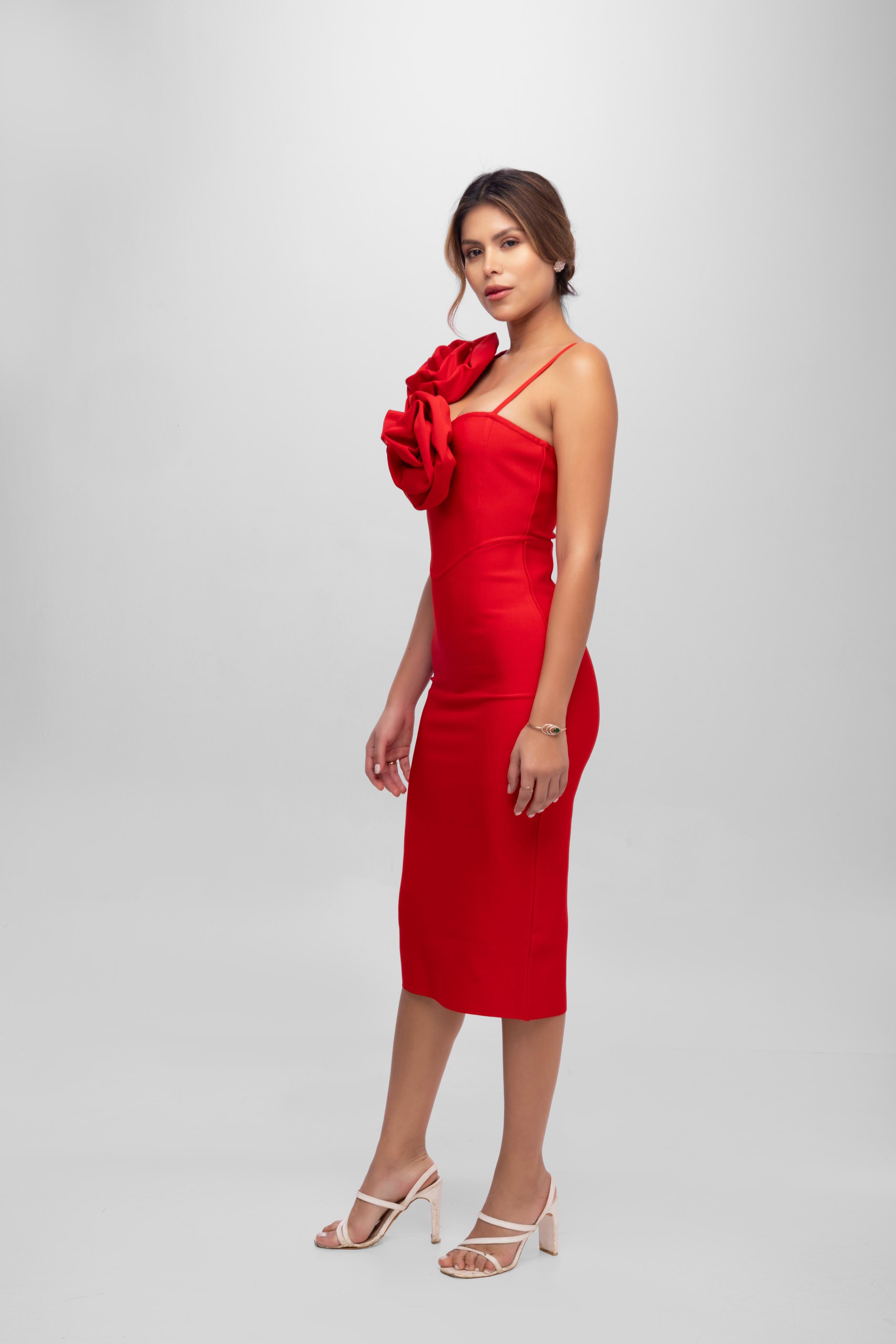 Solid Bandage flower one shoulder midi dress Red