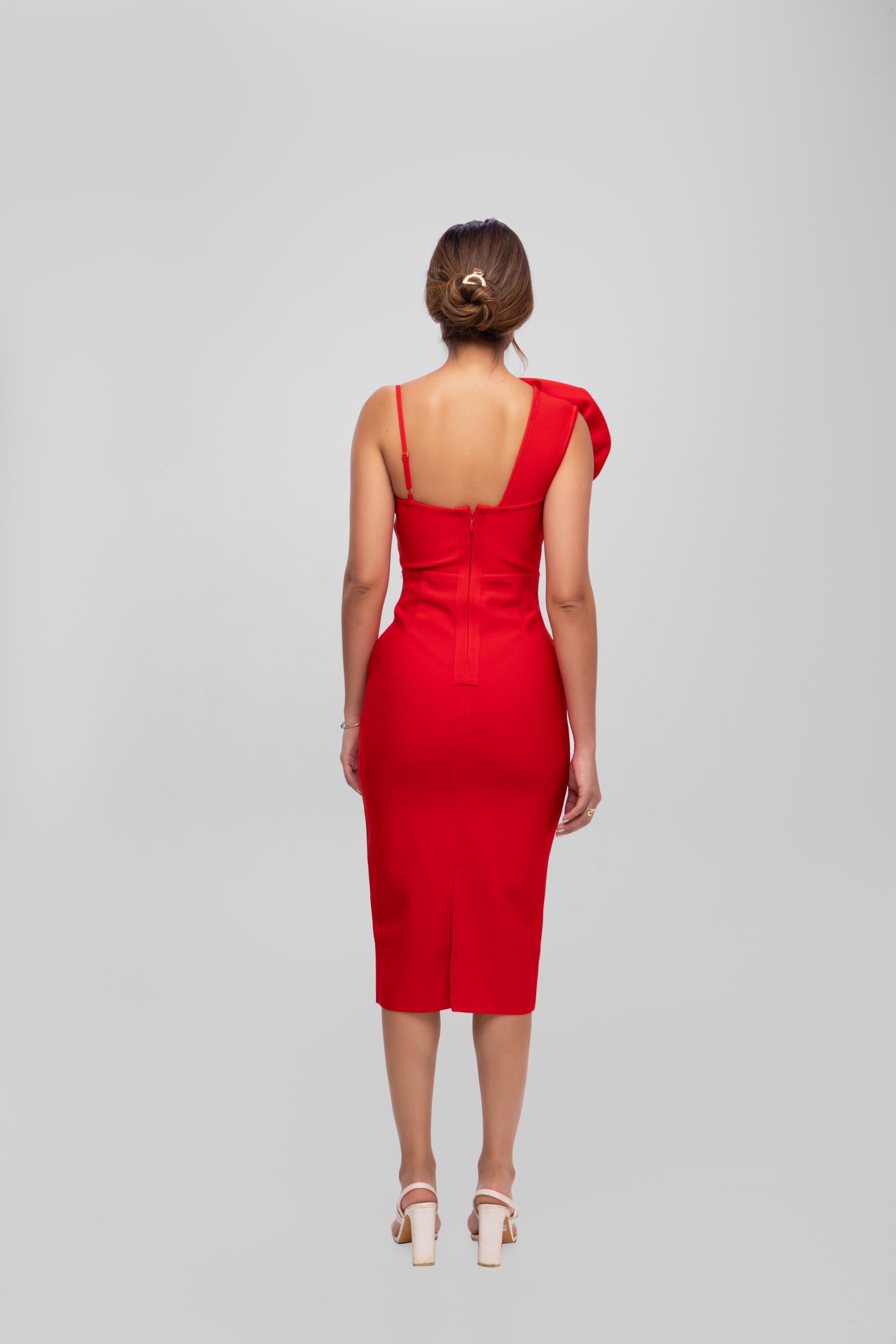 Solid Bandage flower one shoulder midi dress Red