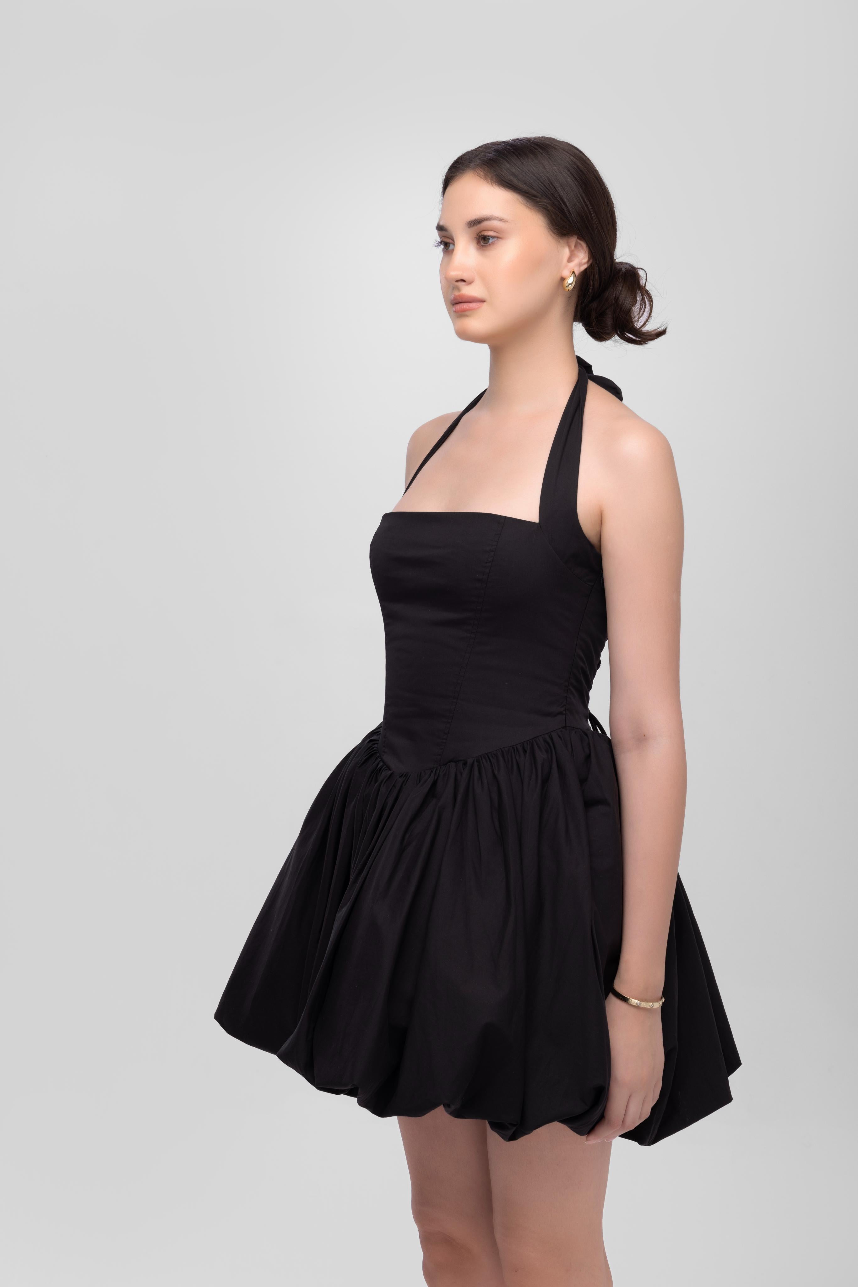 Black solid halter neck backless short cotton balloon dress