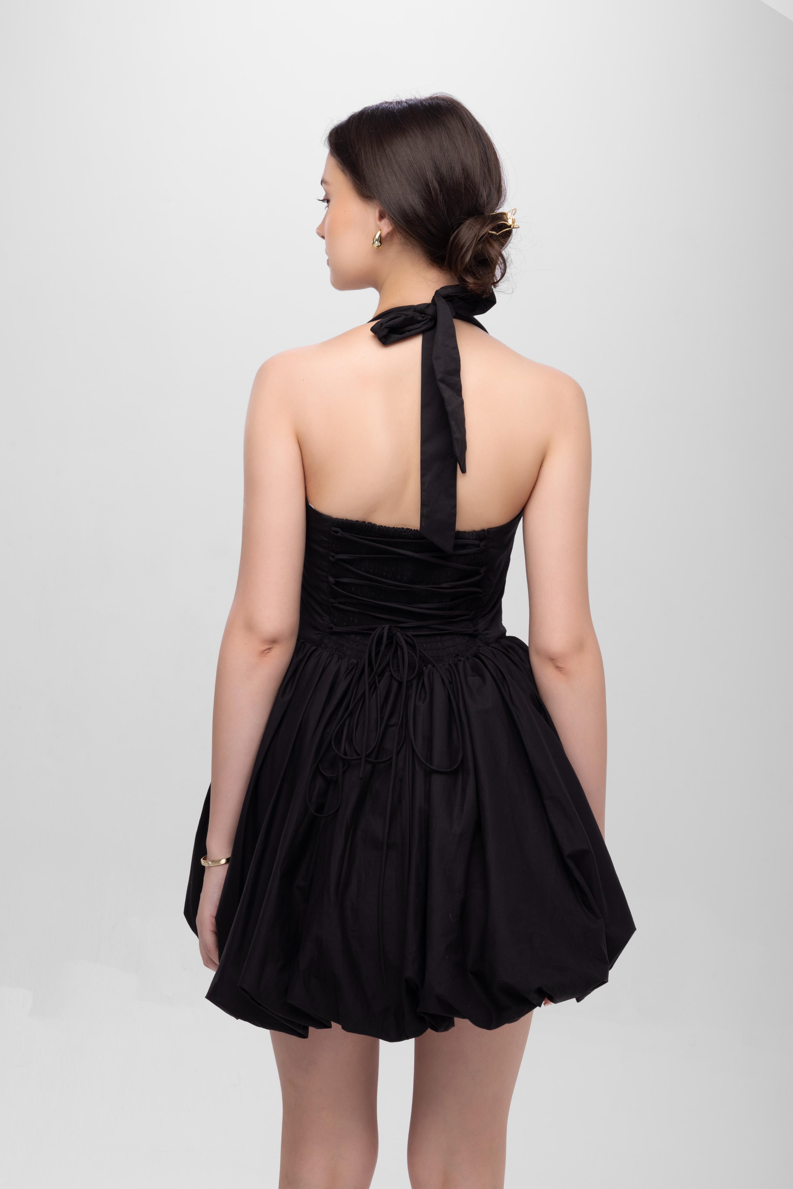 Black solid halter neck backless short cotton balloon dress