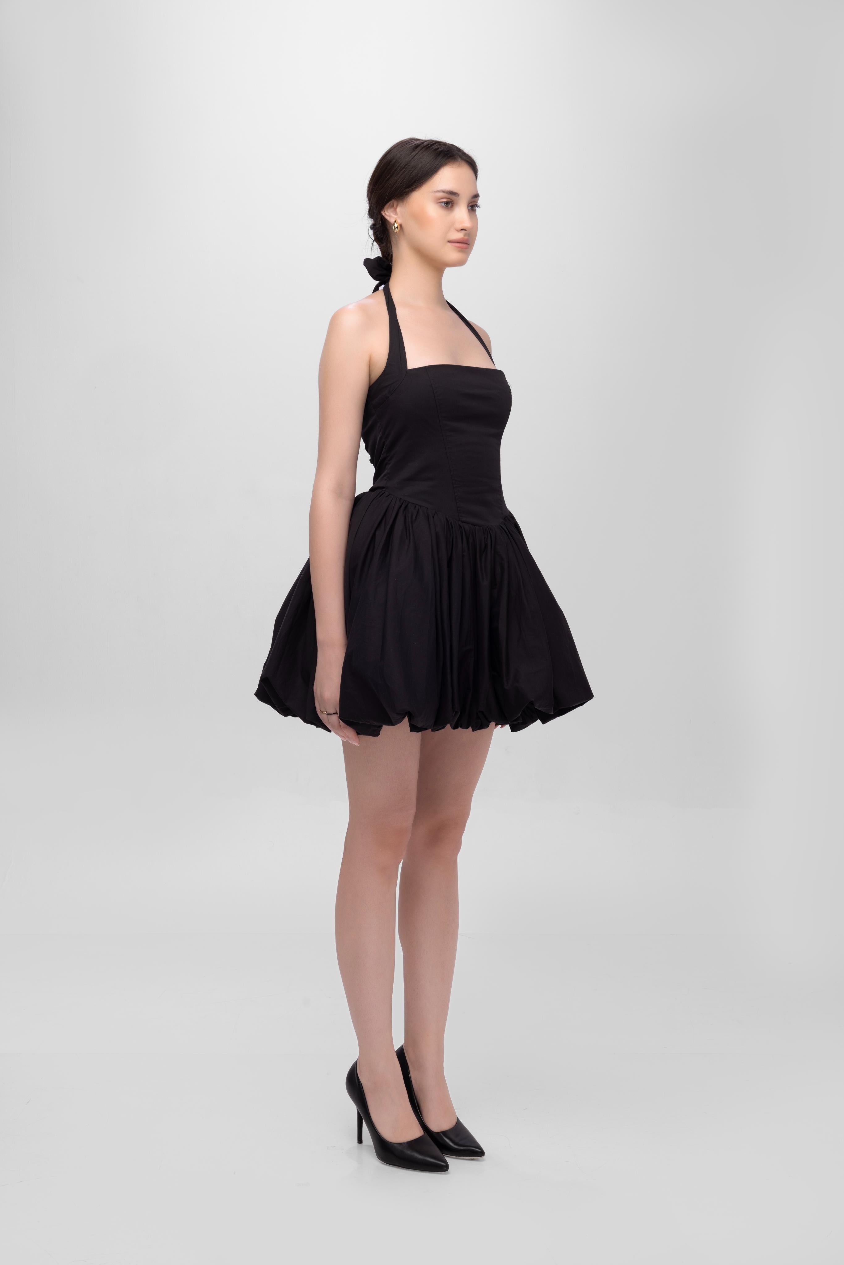 Black solid halter neck backless short cotton balloon dress