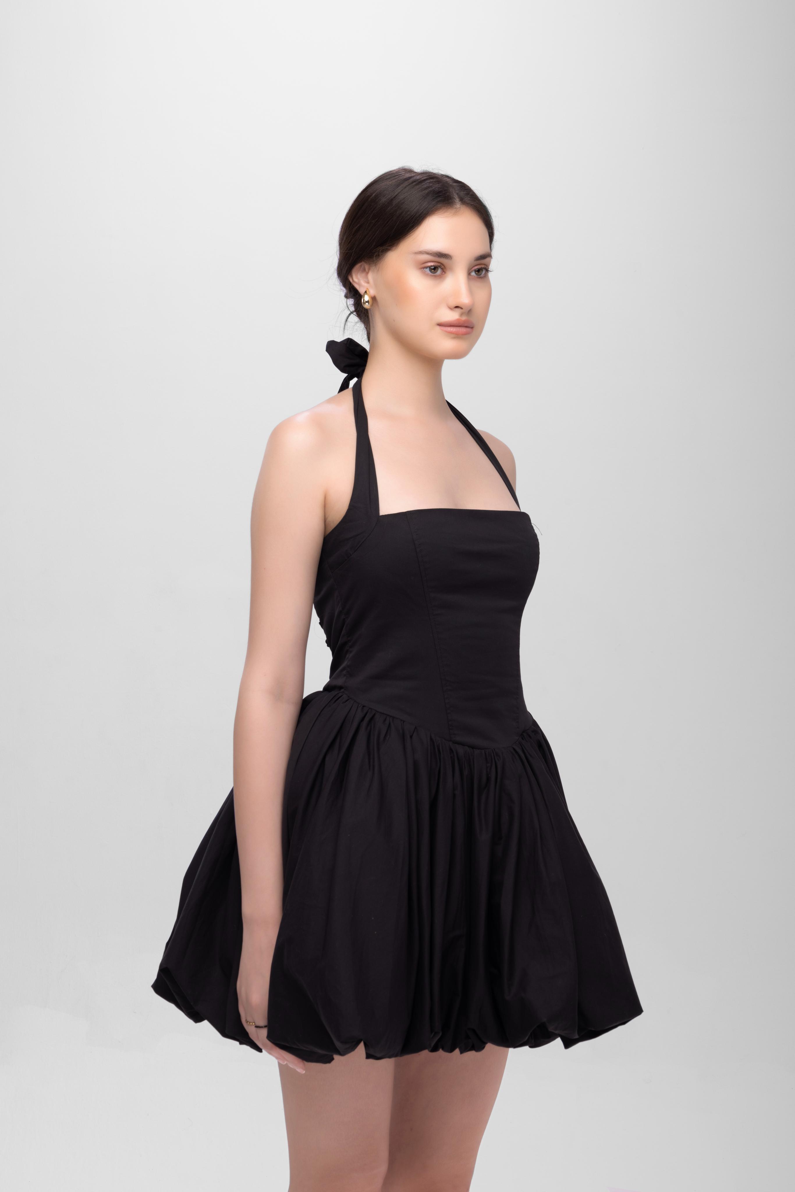 Black solid halter neck backless short cotton balloon dress
