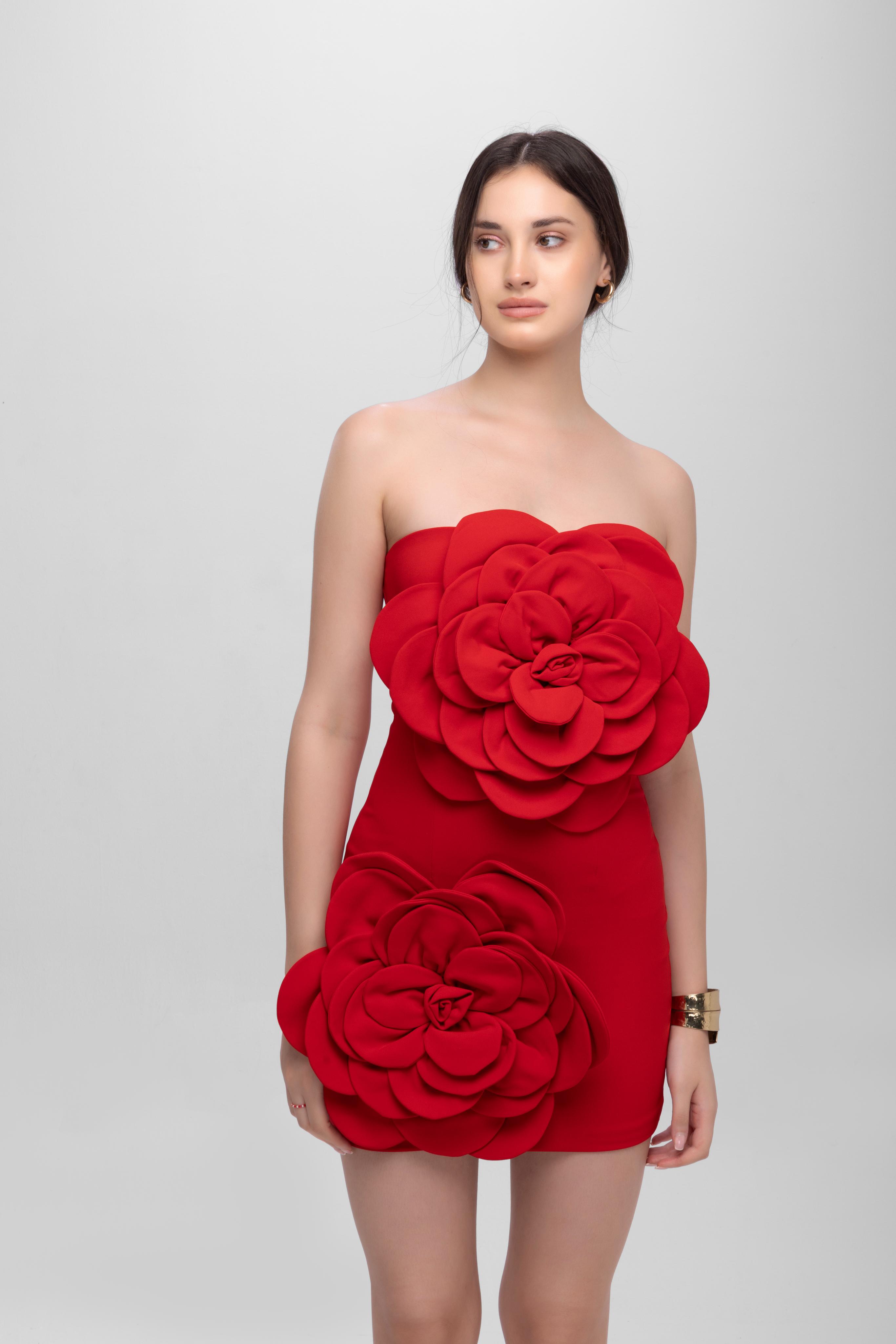 Bandage flower off shoulder mini dress Red