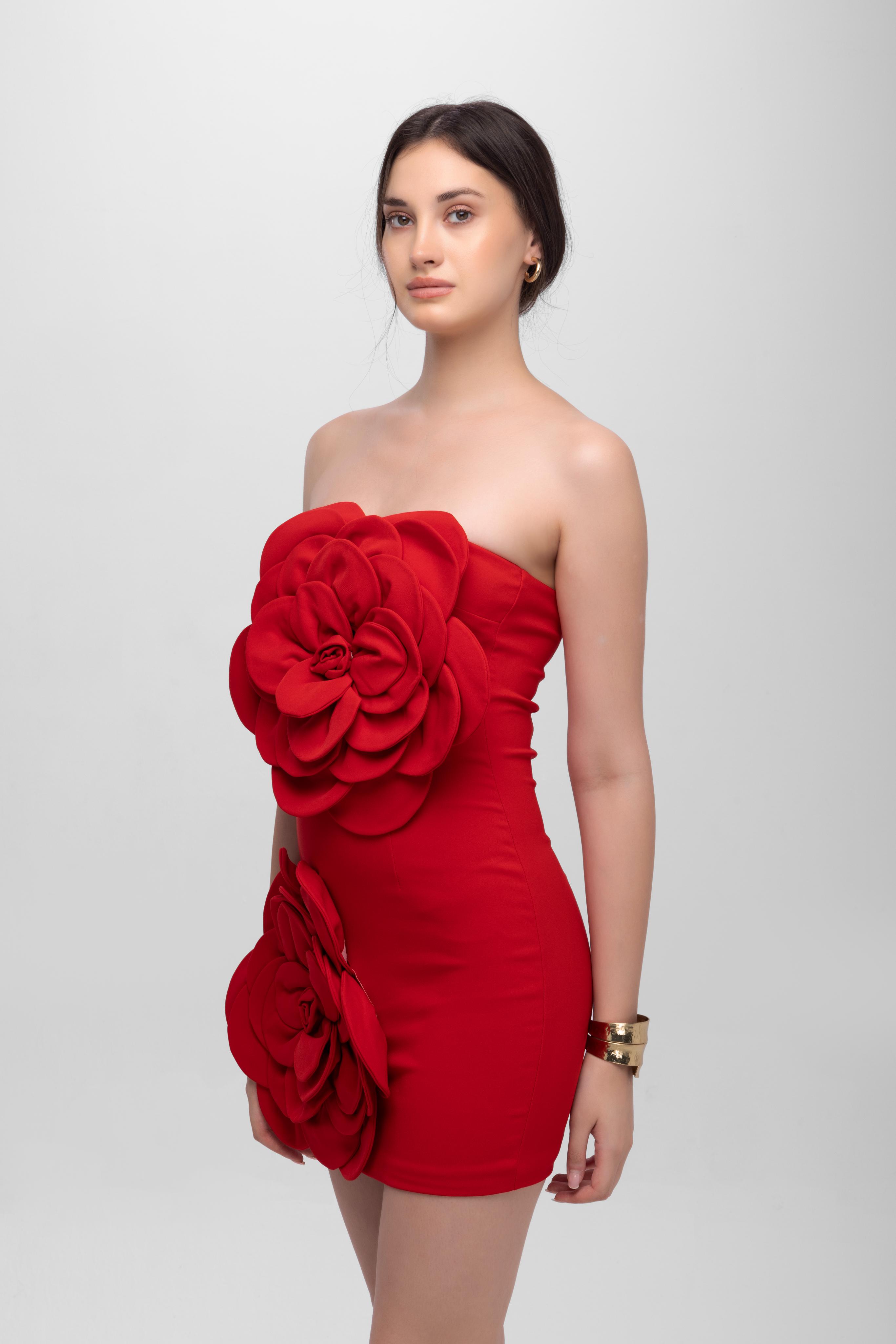 Bandage flower off shoulder mini dress Red