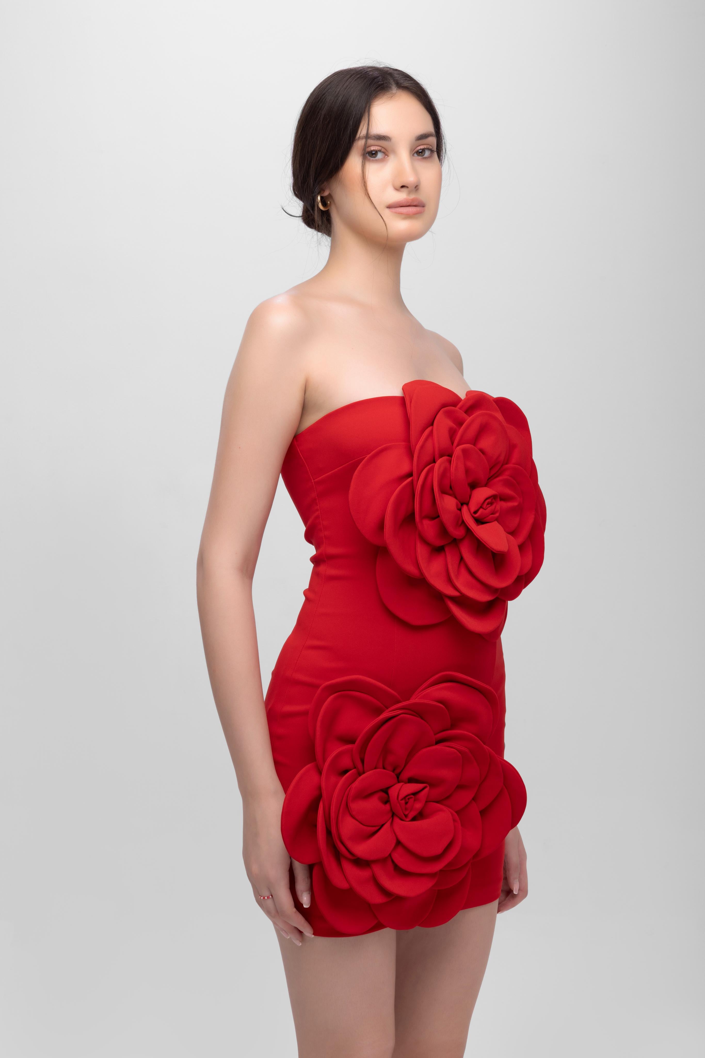 Bandage flower off shoulder mini dress Red