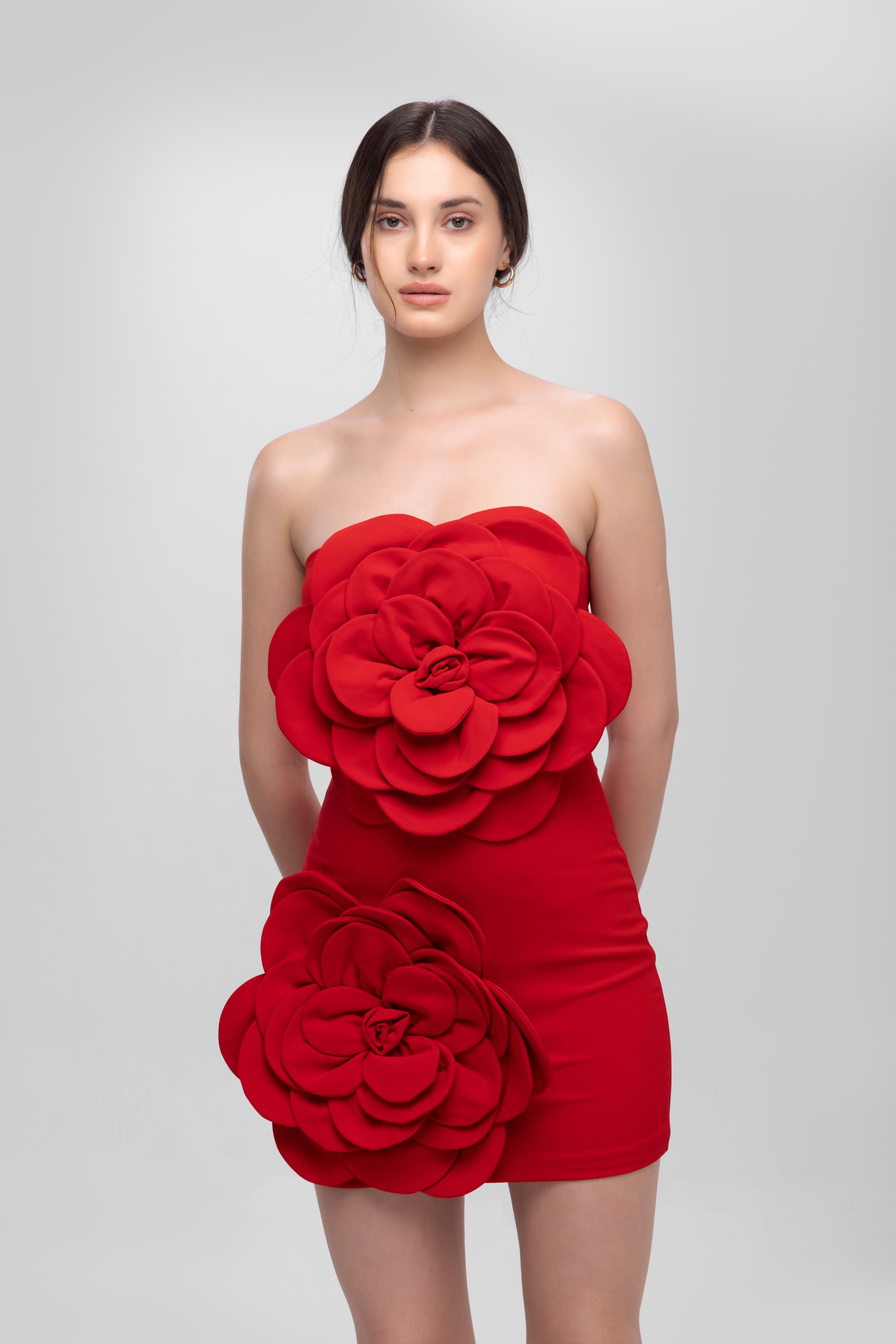 Bandage flower off shoulder mini dress Red