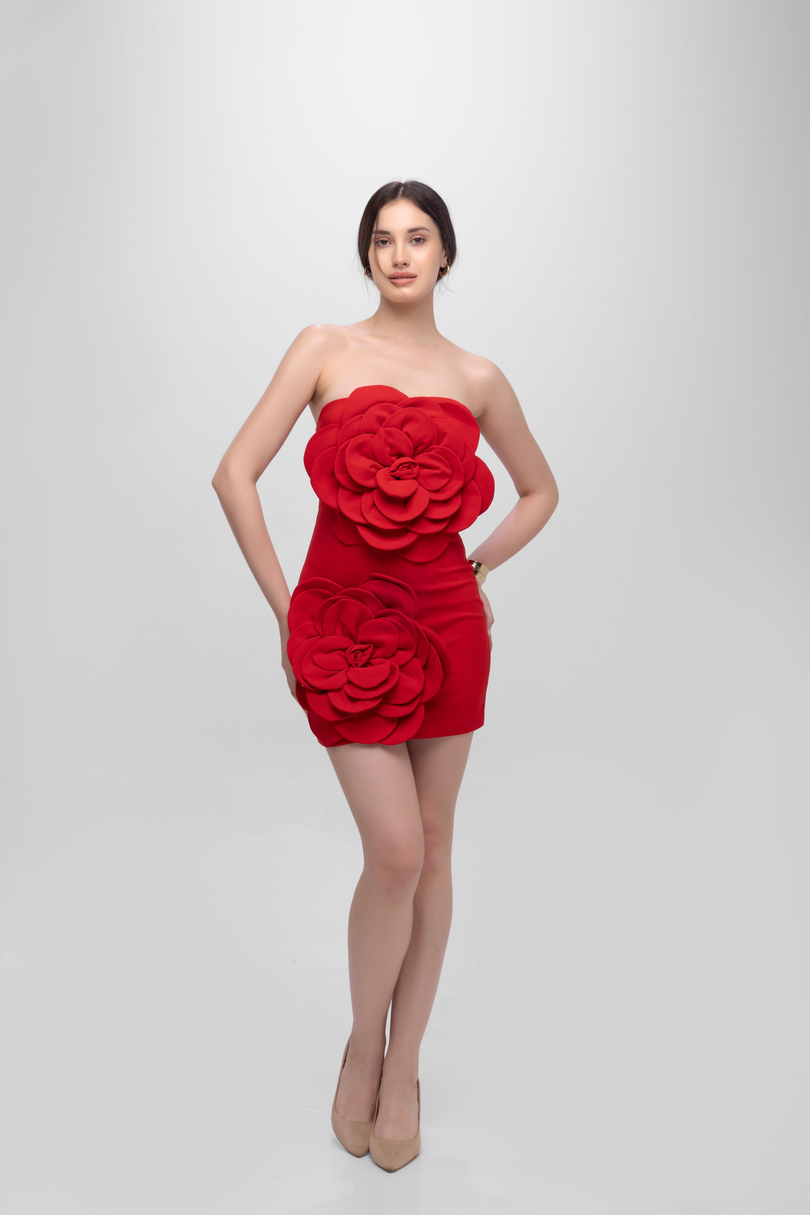 Bandage flower off shoulder mini dress Red