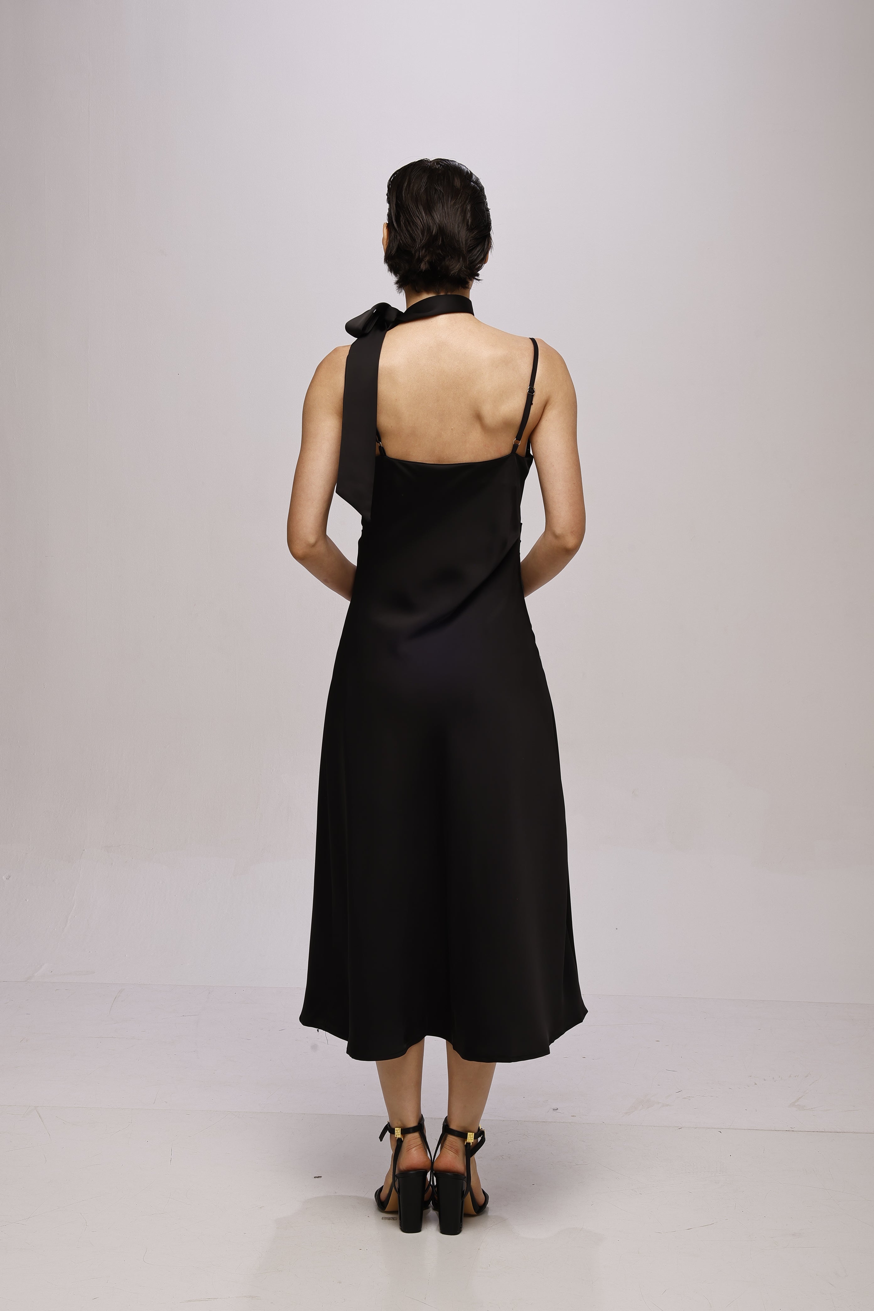 Solid Spaghetti Straps satin midi dress Black