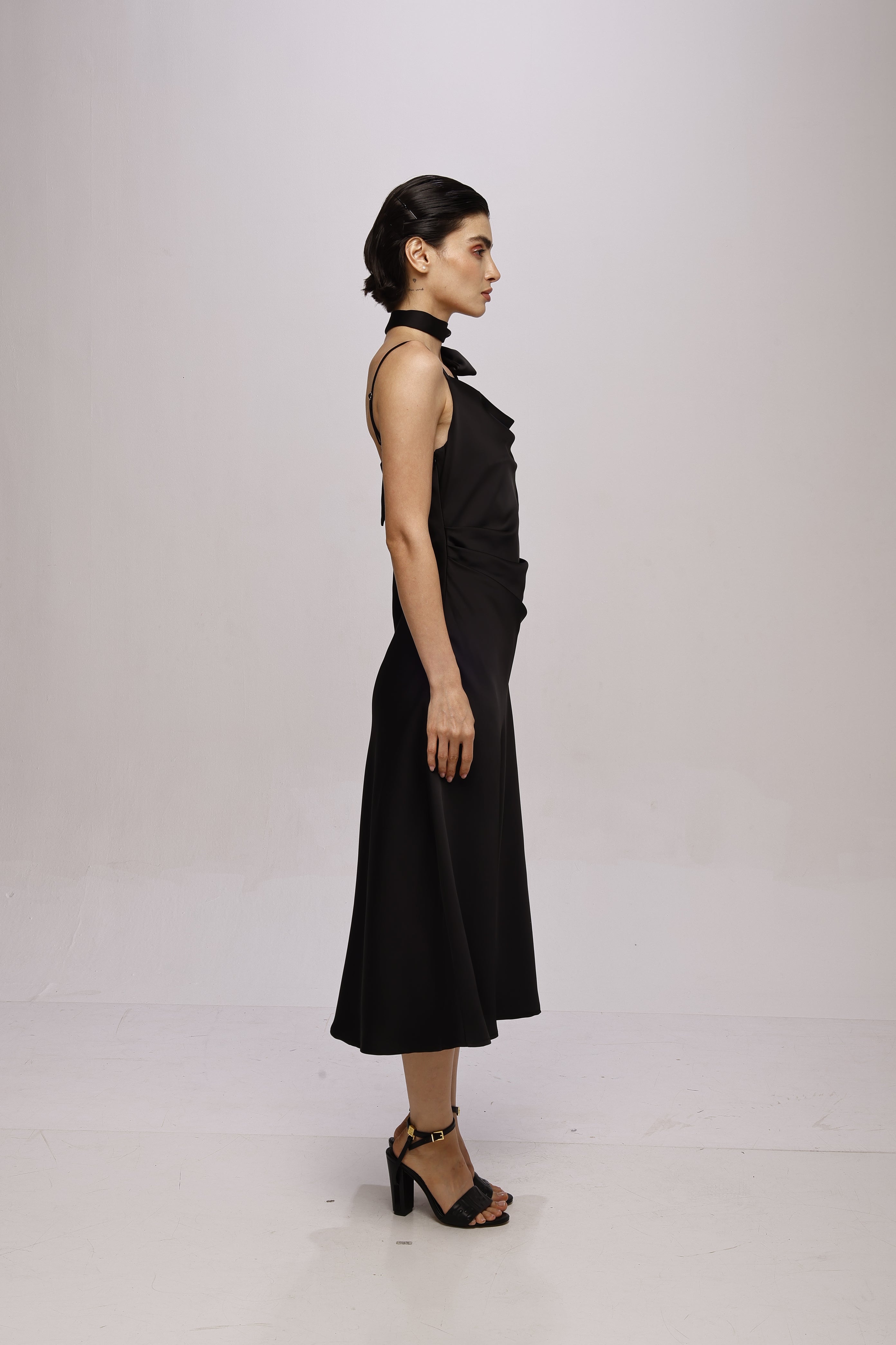 Solid Spaghetti Straps satin midi dress Black