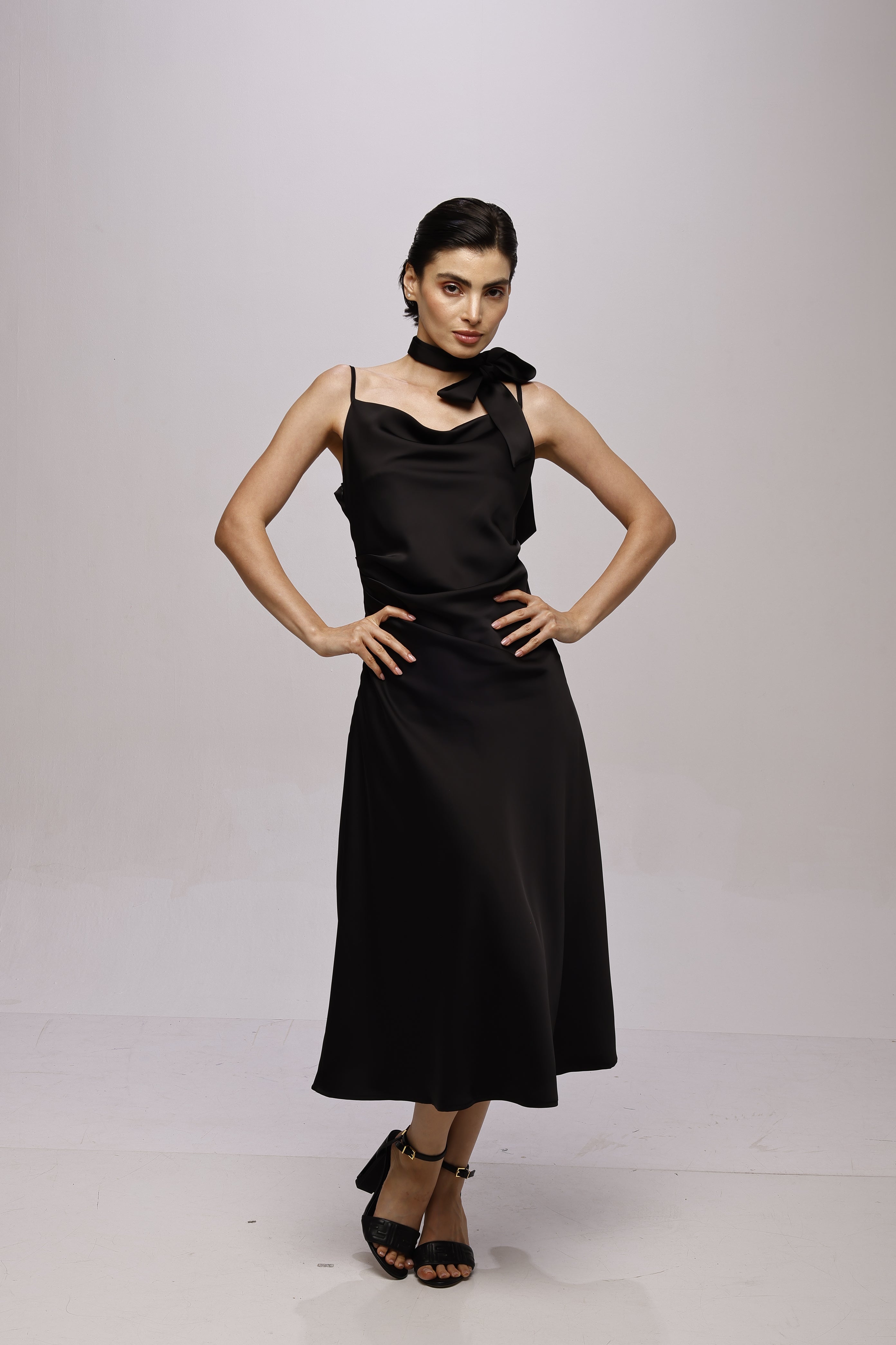 Solid Spaghetti Straps satin midi dress Black