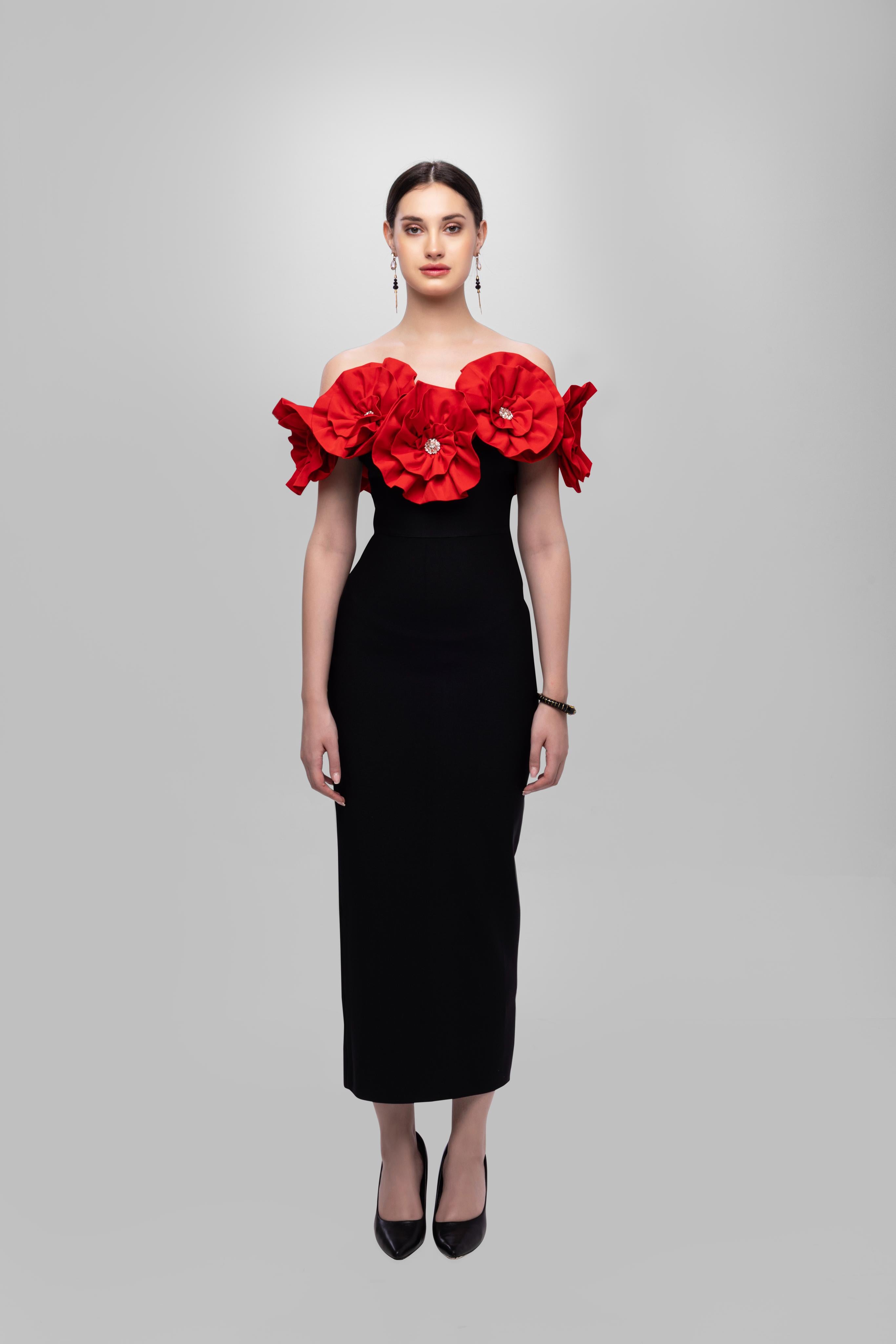 Solid Bandage flower off shoulder midi dress Red