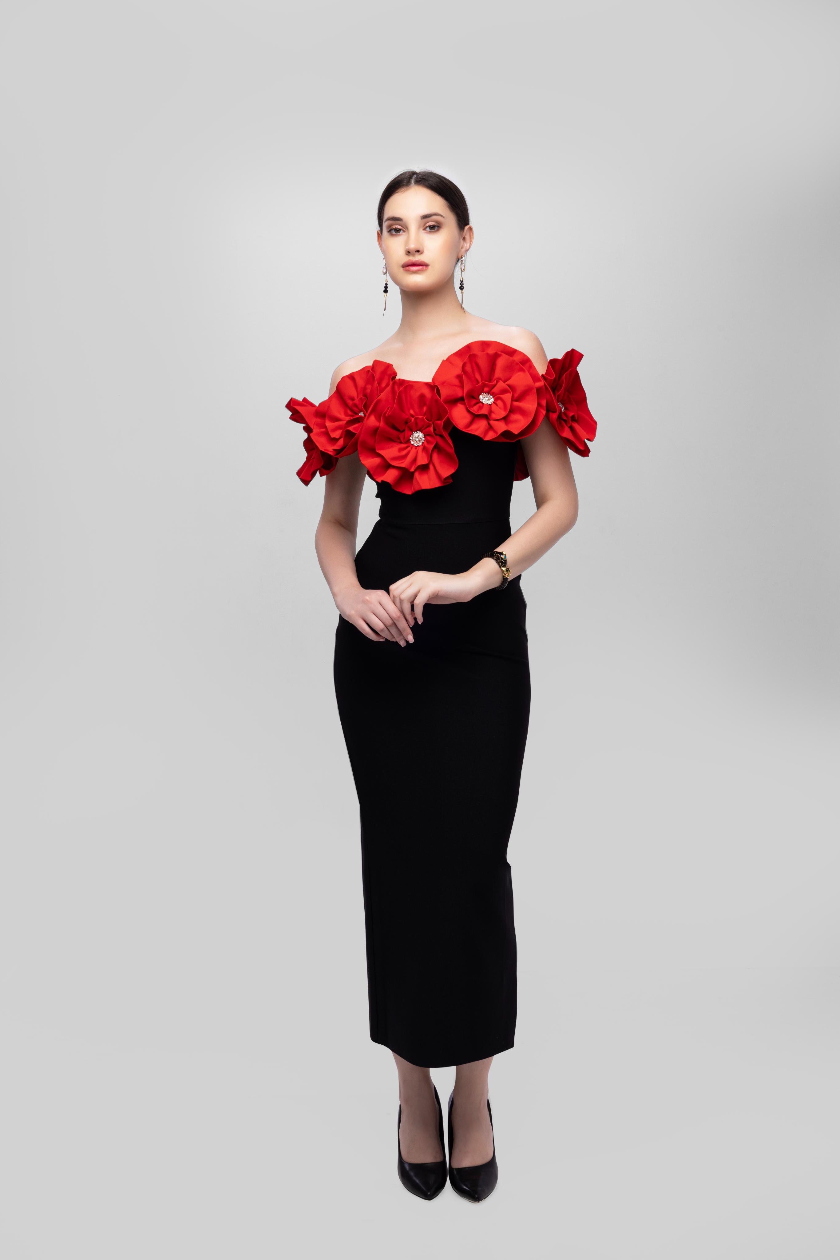 Solid Bandage flower off shoulder midi dress Red
