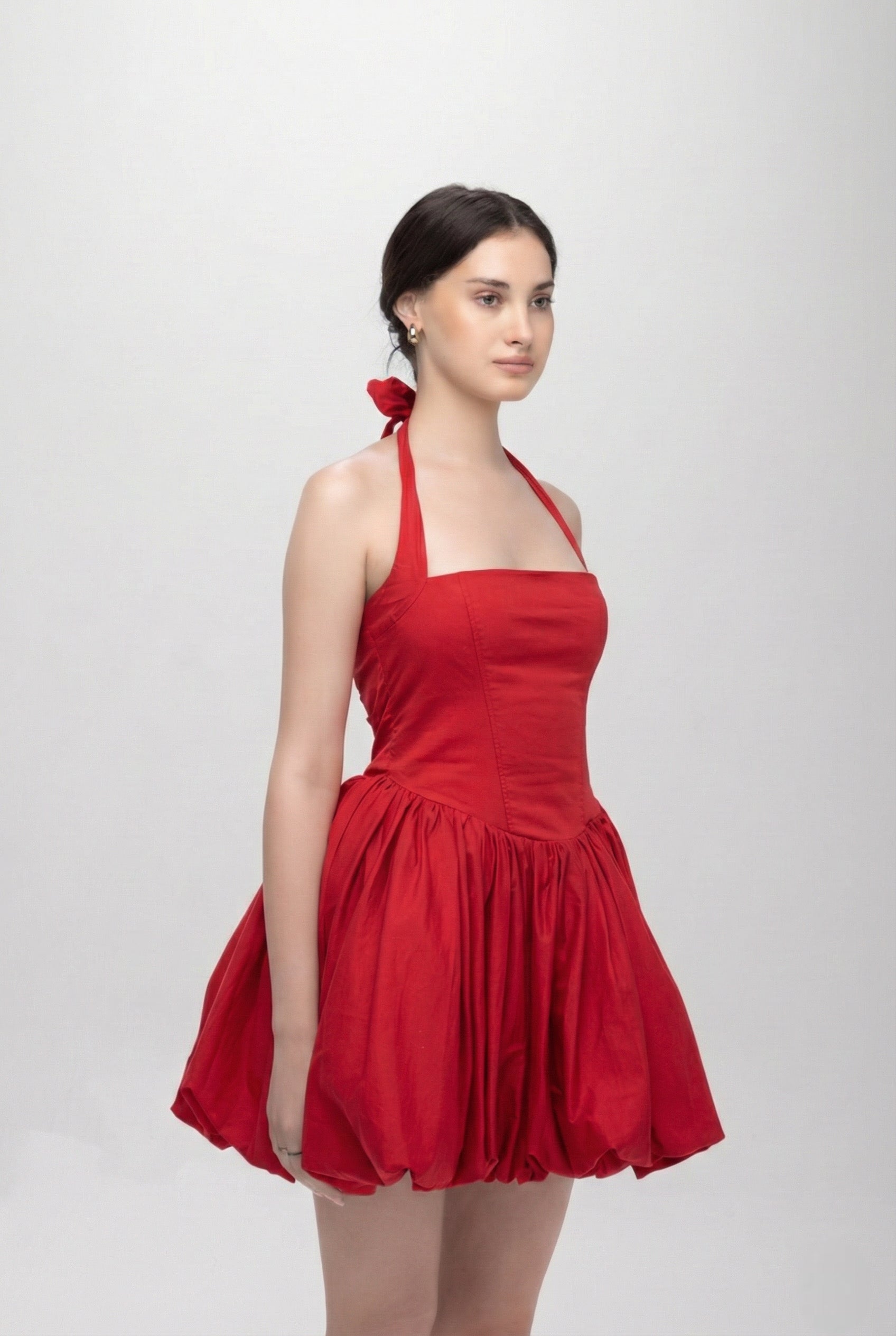 Red solid halter neck backless short cotton balloon dress