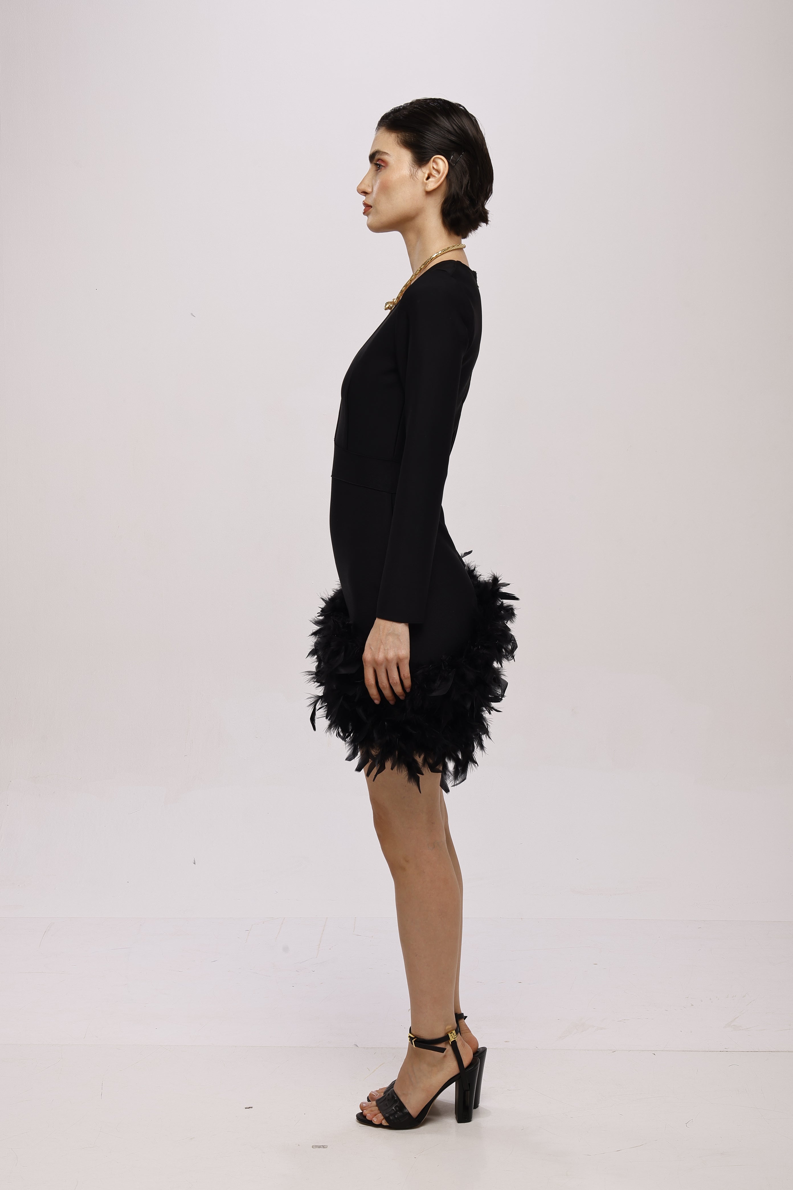Black solid short V neck full sleeve bandage feather dress