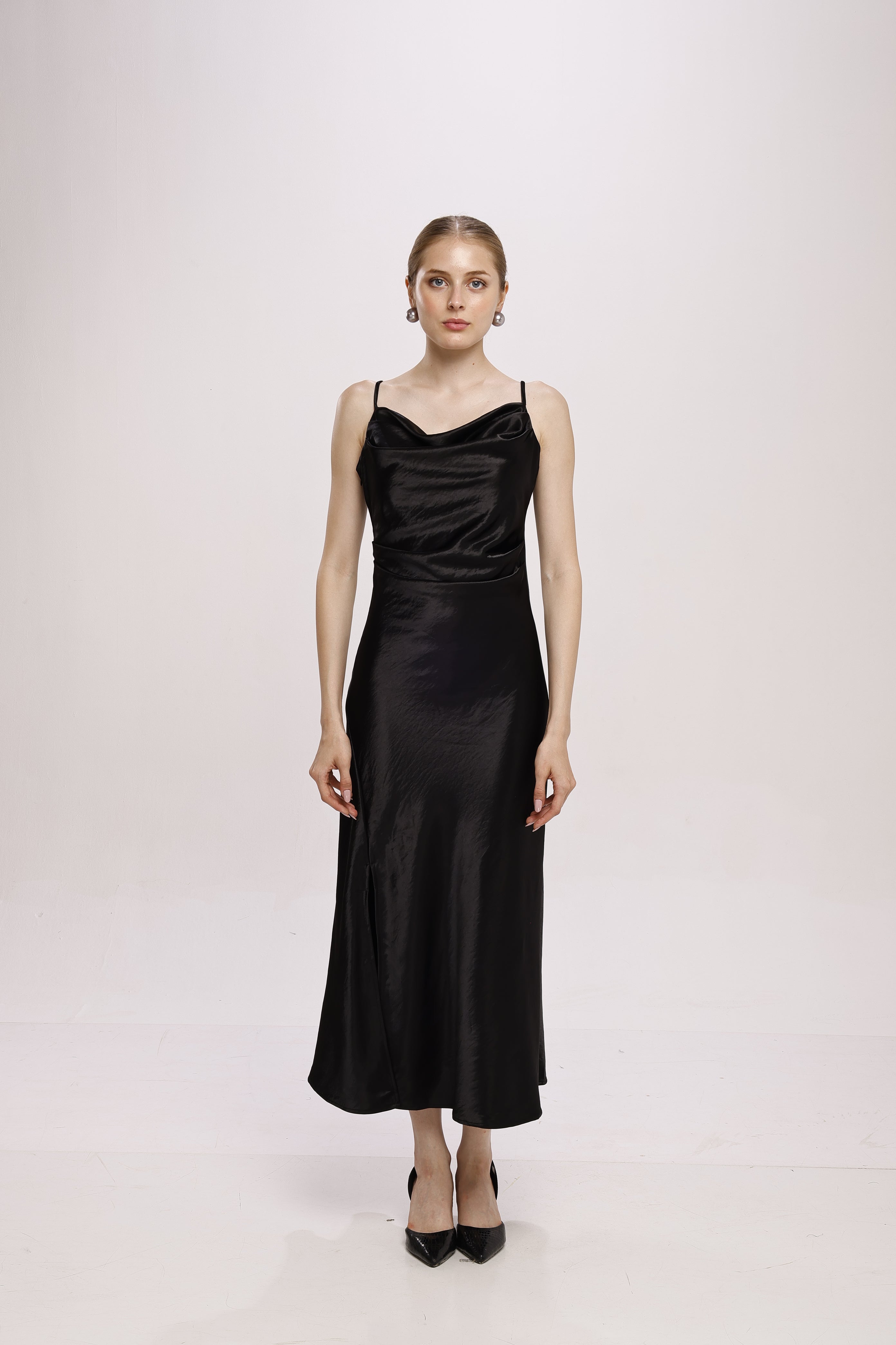Solid Spaghetti Straps satin midi dress Black