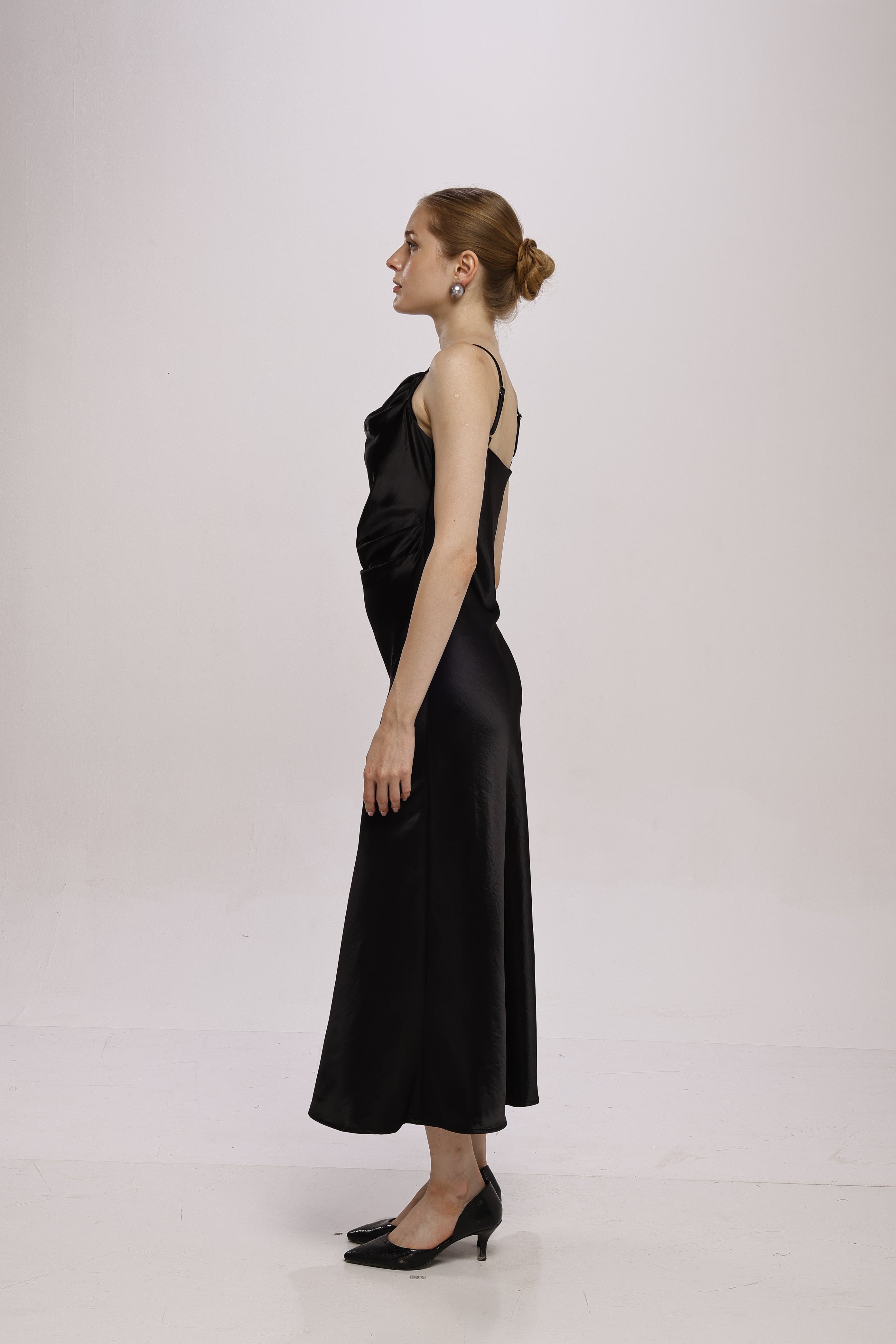 Solid Spaghetti Straps satin midi dress Black