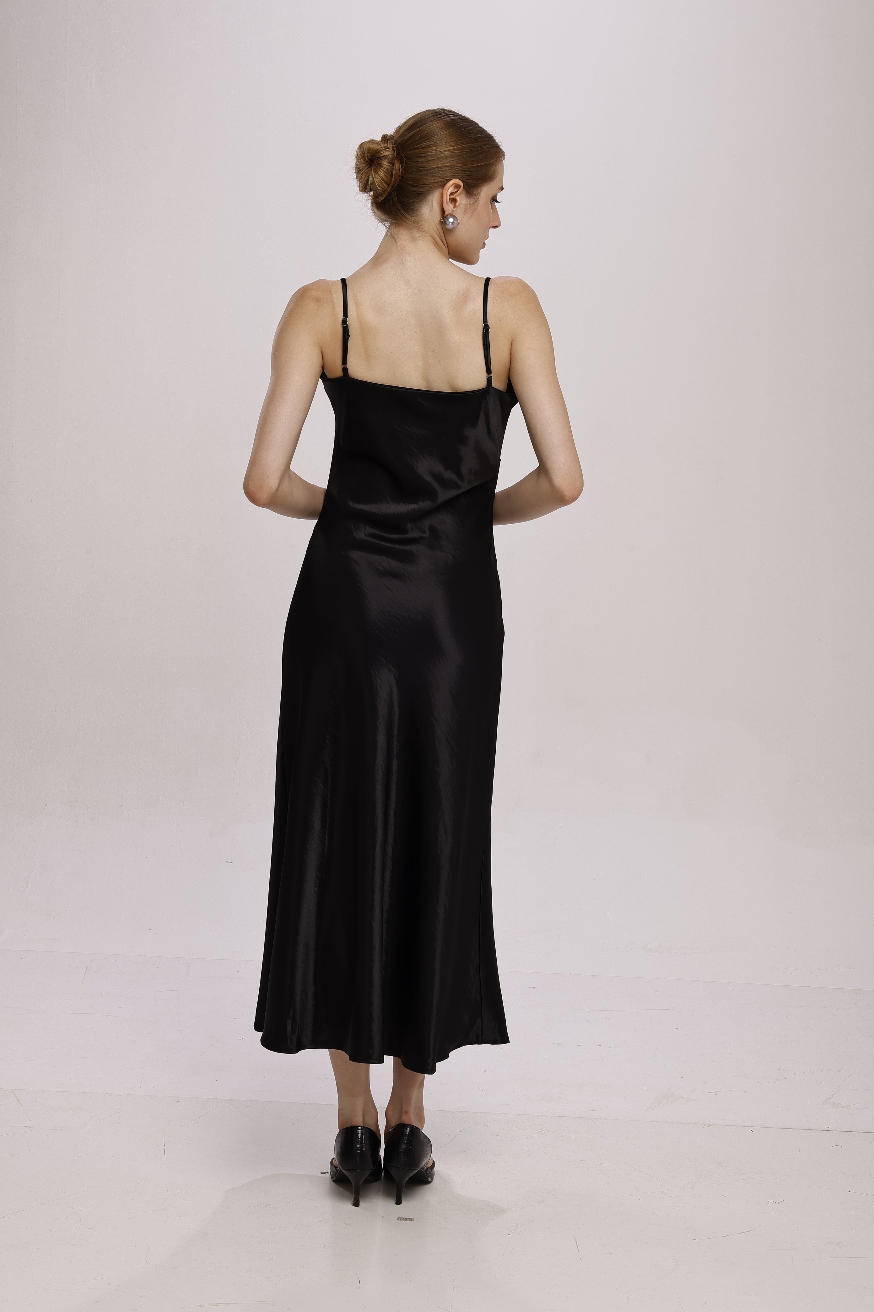 Solid Spaghetti Straps satin midi dress Black