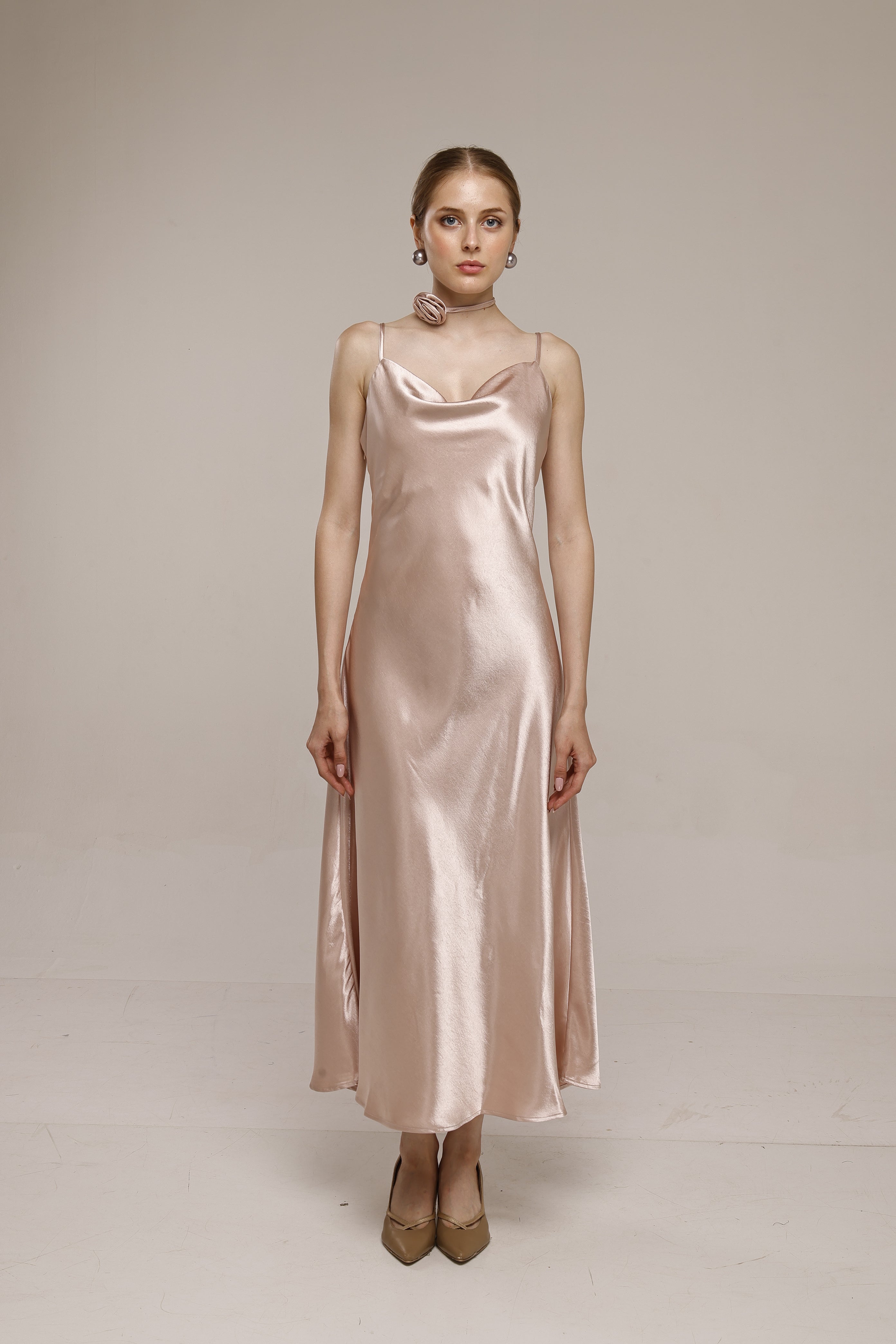 Solid Spaghetti Straps satin midi dress Pink