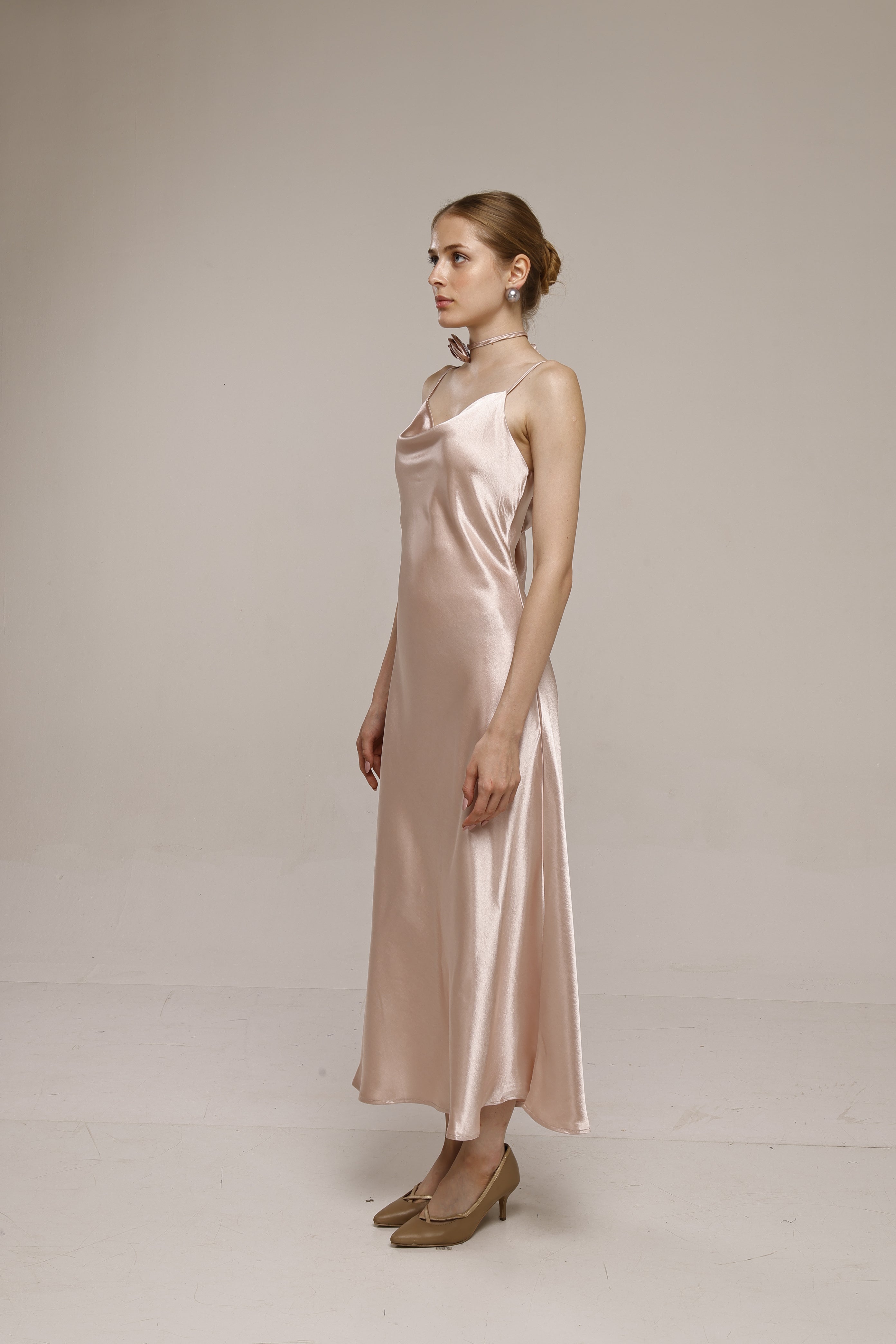 Solid Spaghetti Straps satin midi dress Pink