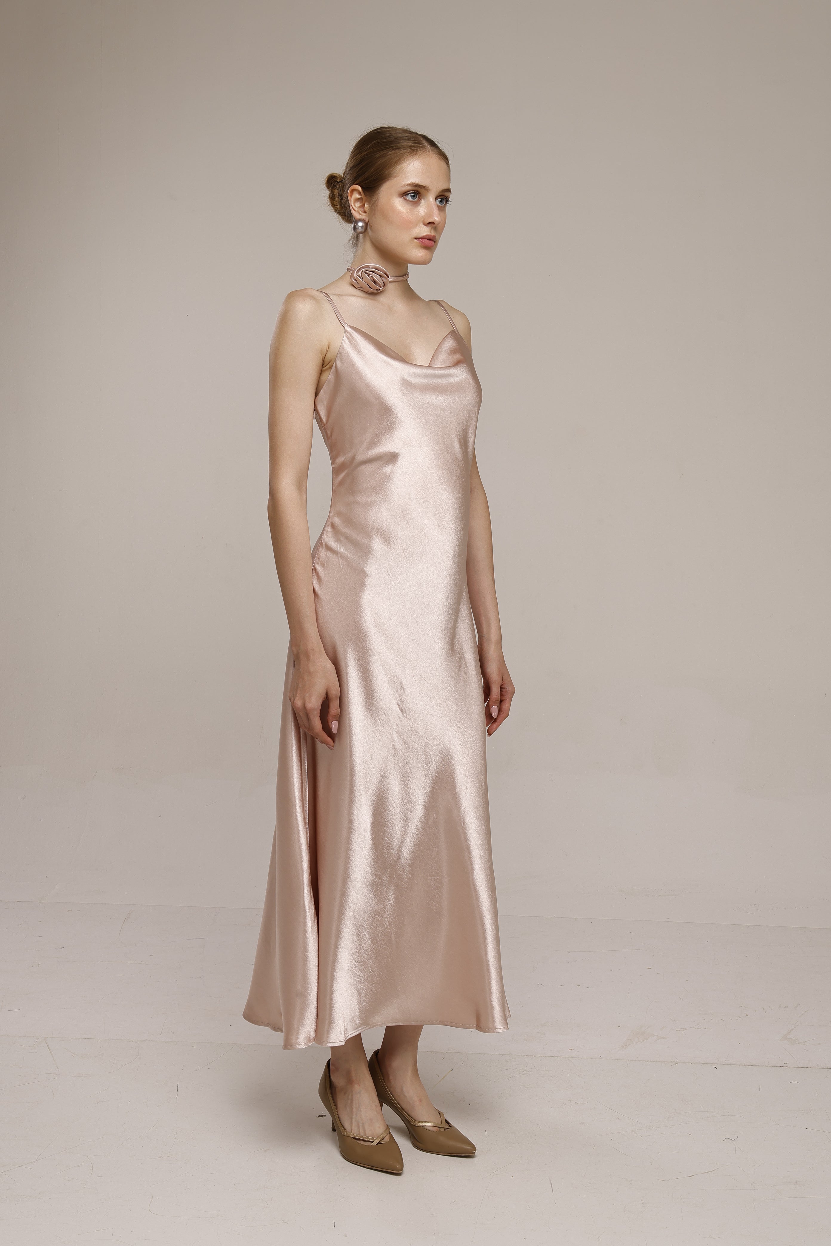 Solid Spaghetti Straps satin midi dress Pink