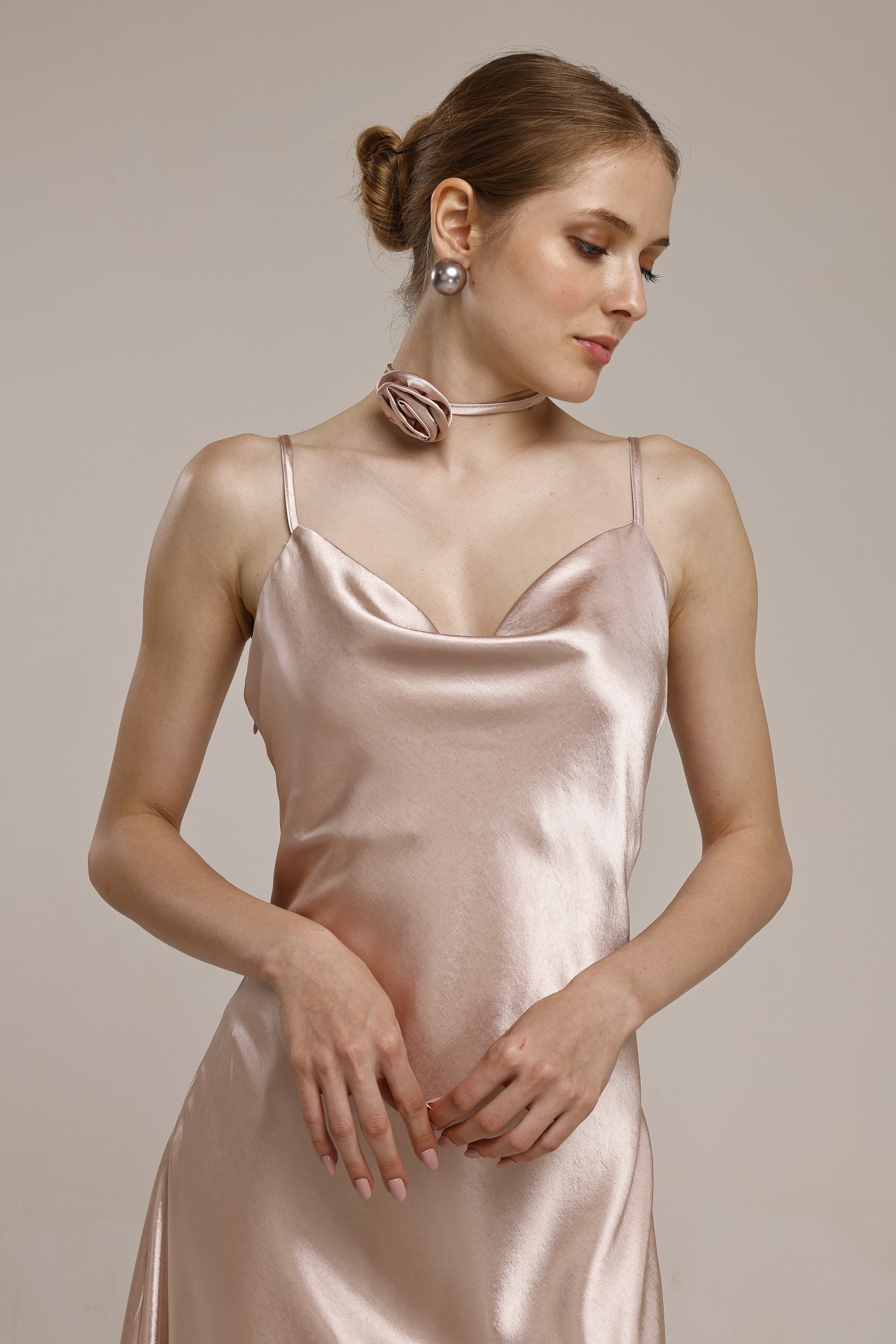 Solid Spaghetti Straps satin midi dress Pink