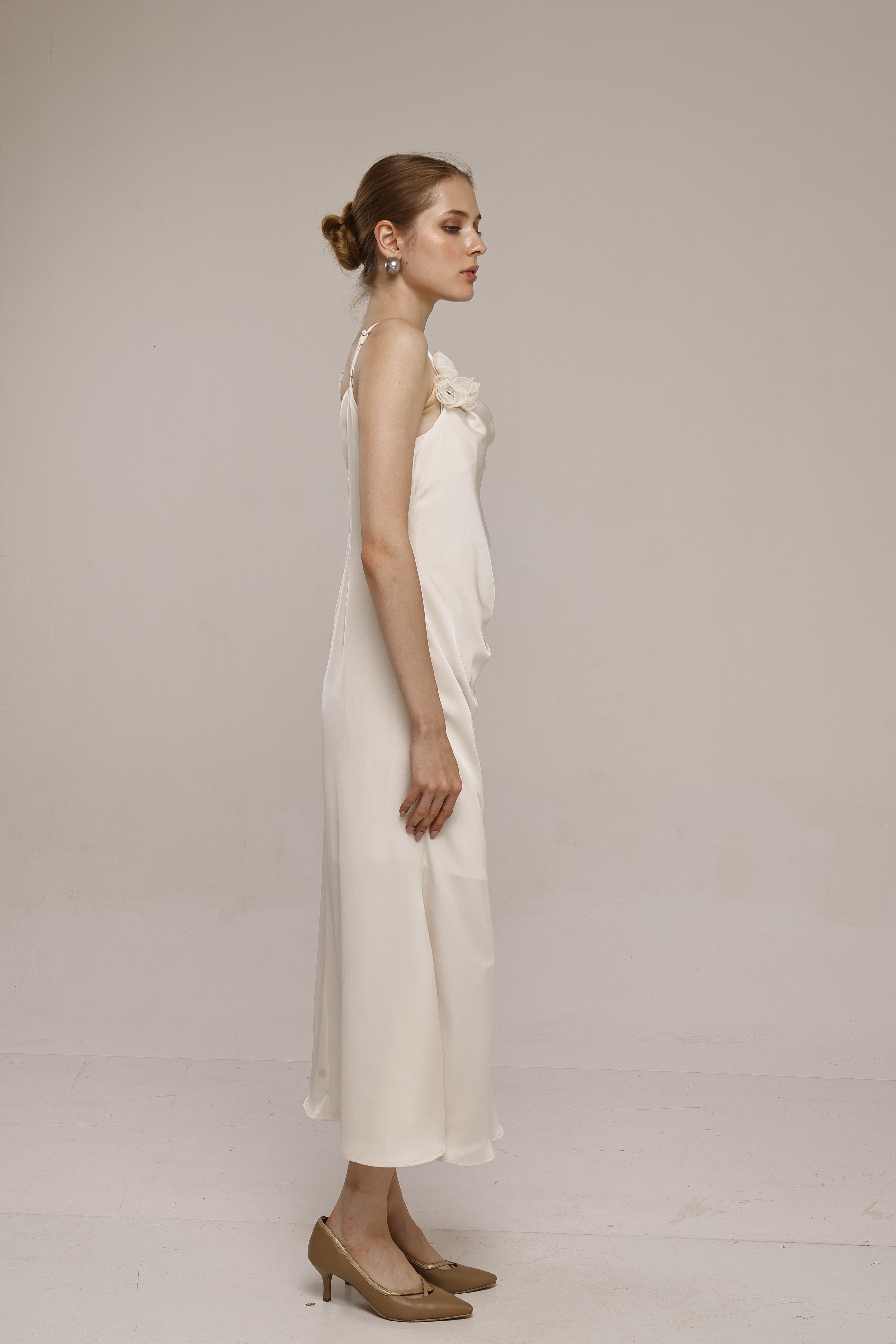Solid Spaghetti Straps satin midi dress White