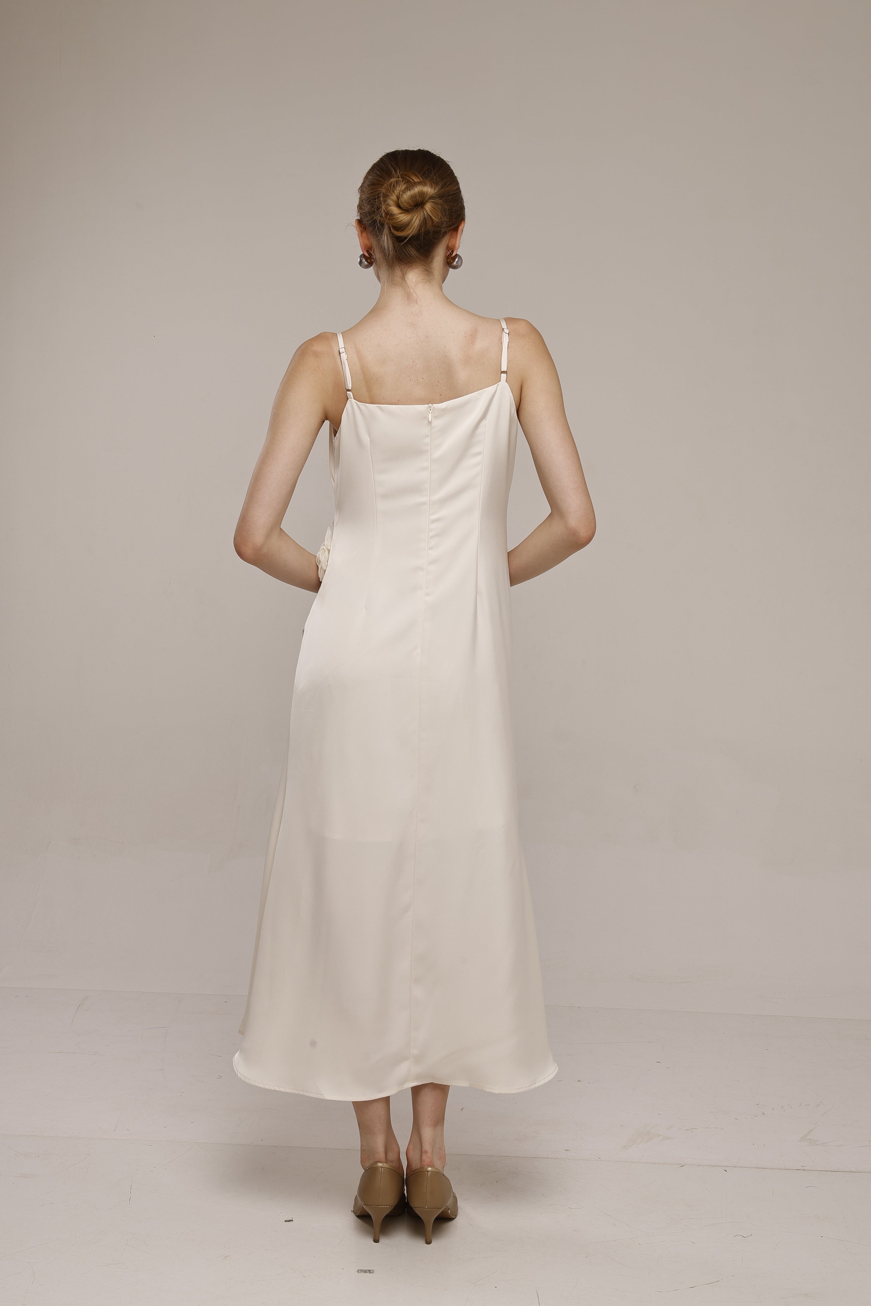 Solid Spaghetti Straps satin midi dress White