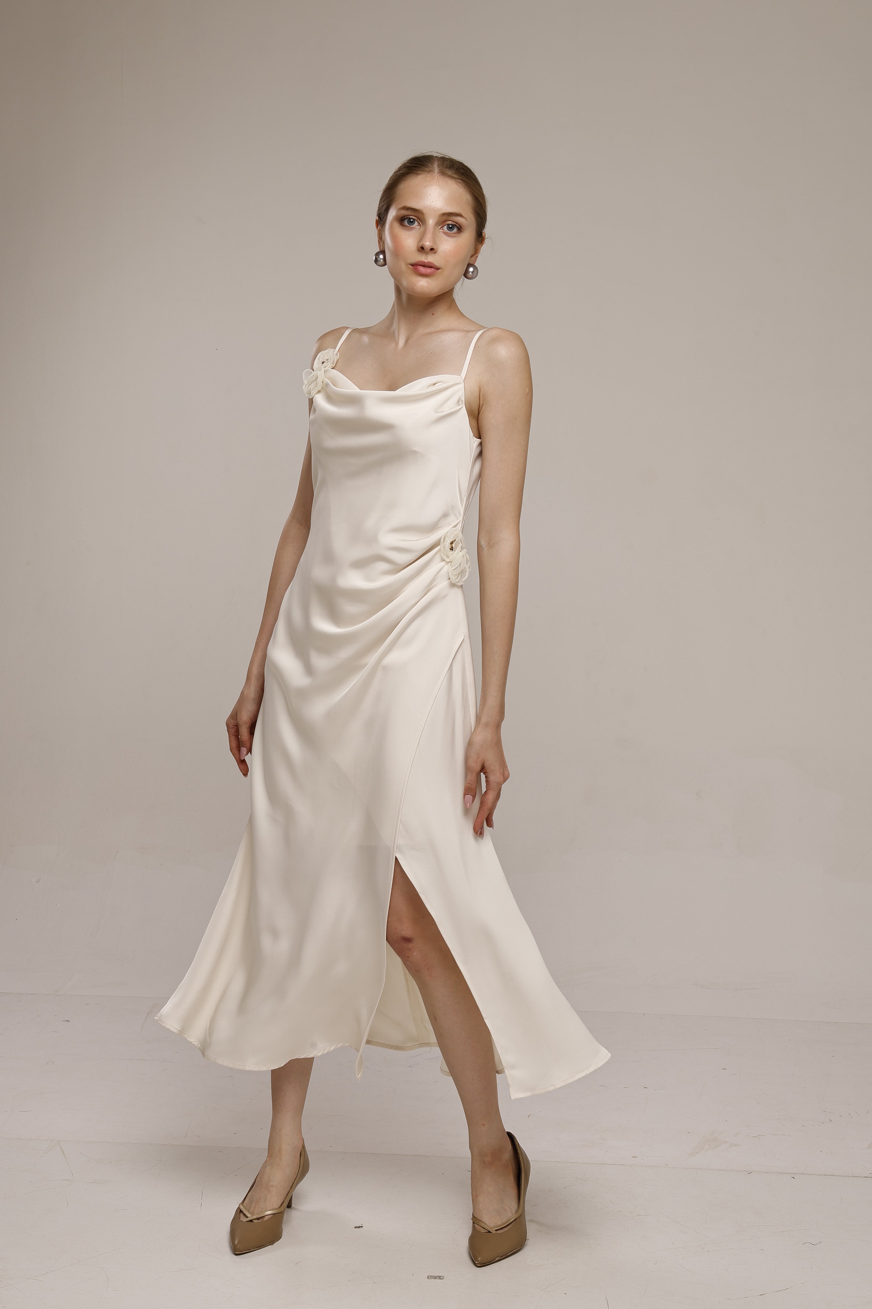 Solid Spaghetti Straps satin midi dress White