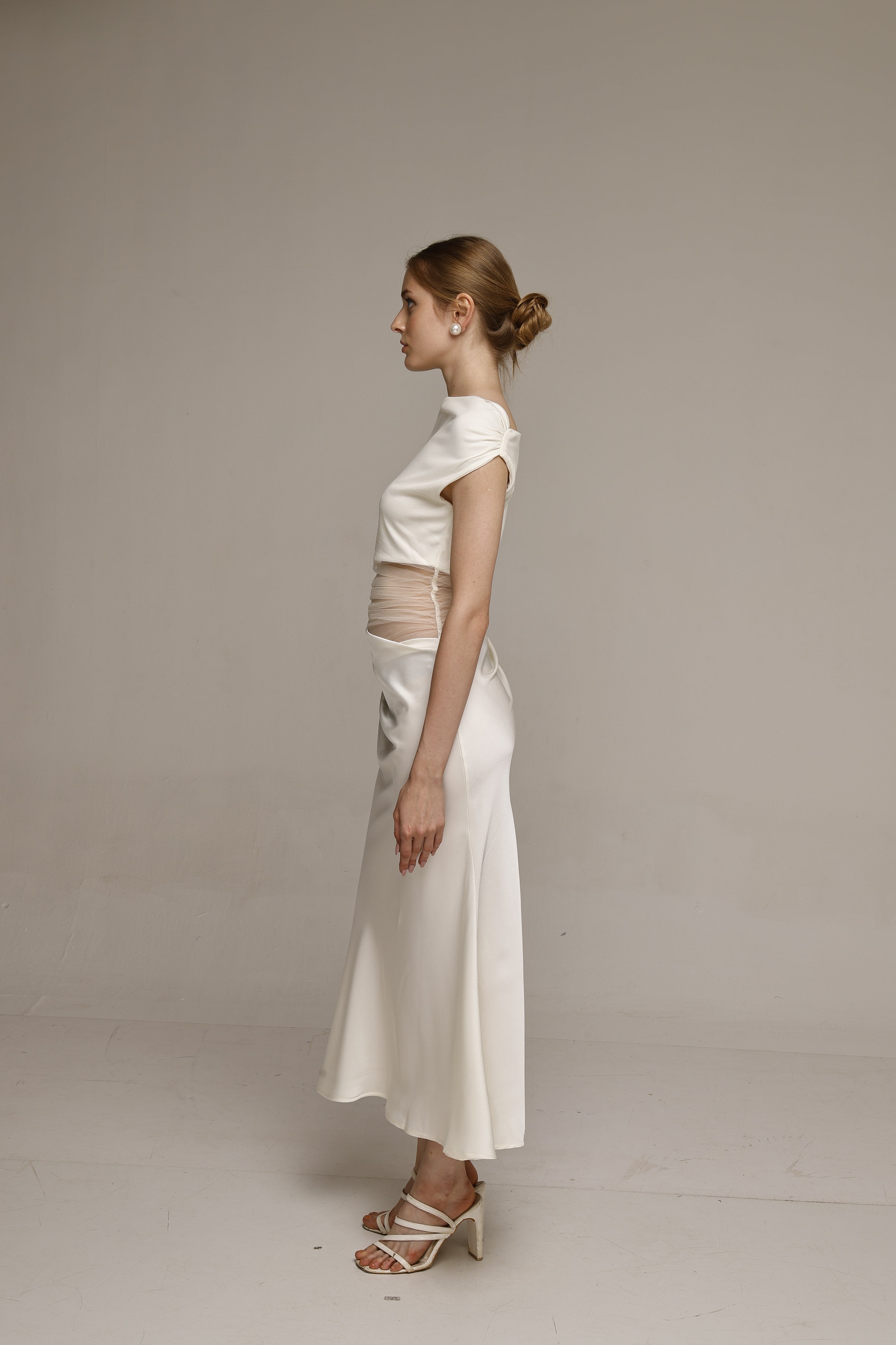 Solid Mesh one shoulder midi dress White