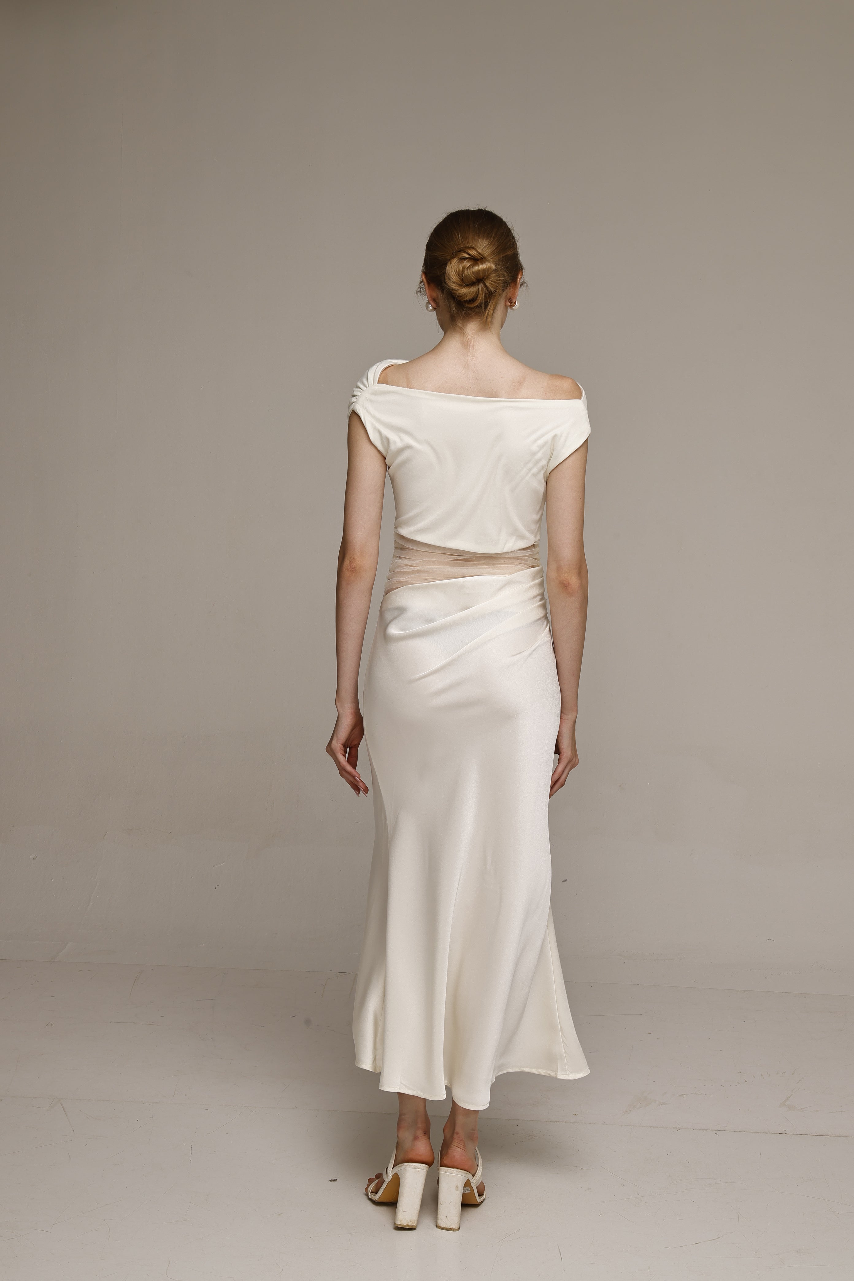 Solid Mesh one shoulder midi dress White