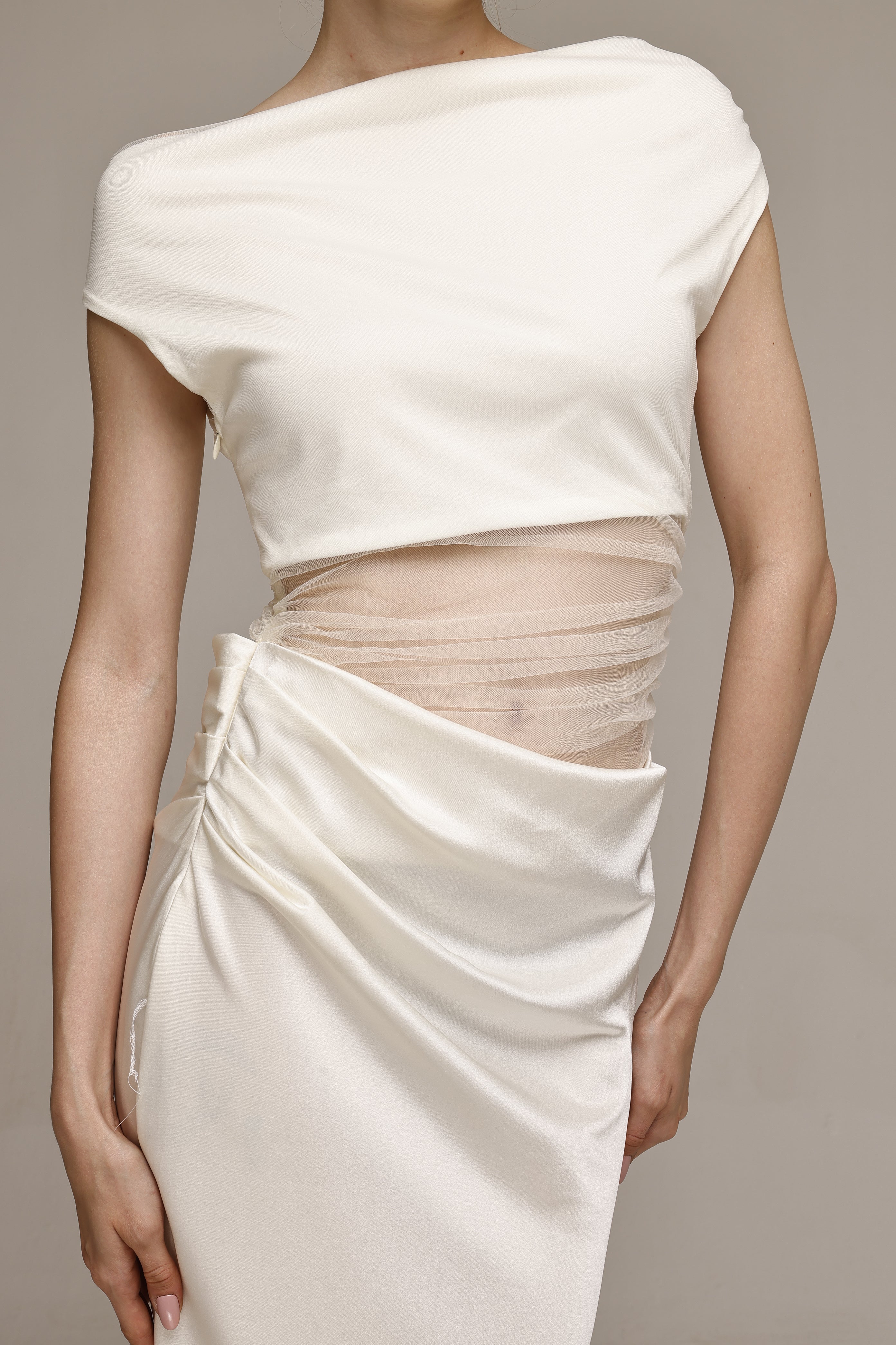 Solid Mesh one shoulder midi dress White