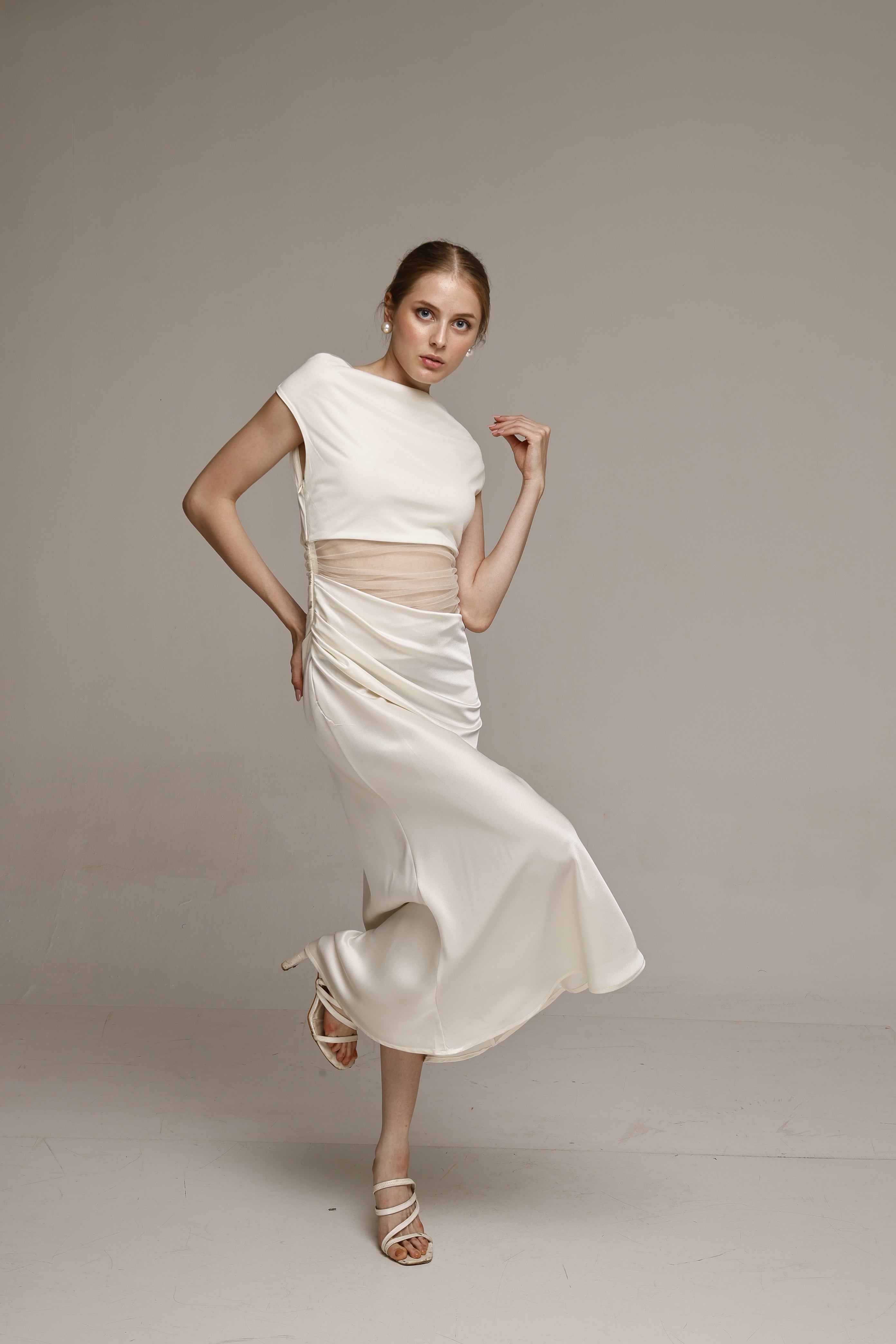 Solid Mesh one shoulder midi dress White