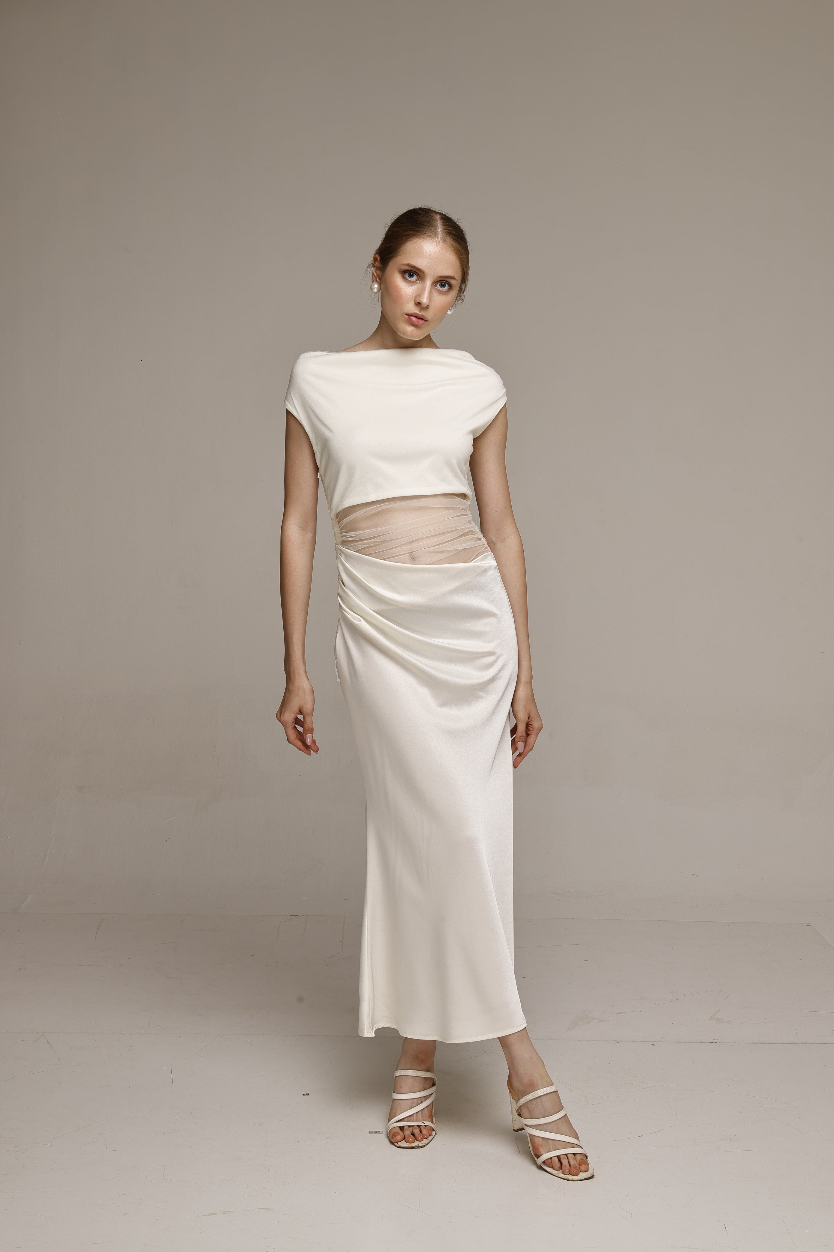 Solid Mesh one shoulder midi dress White