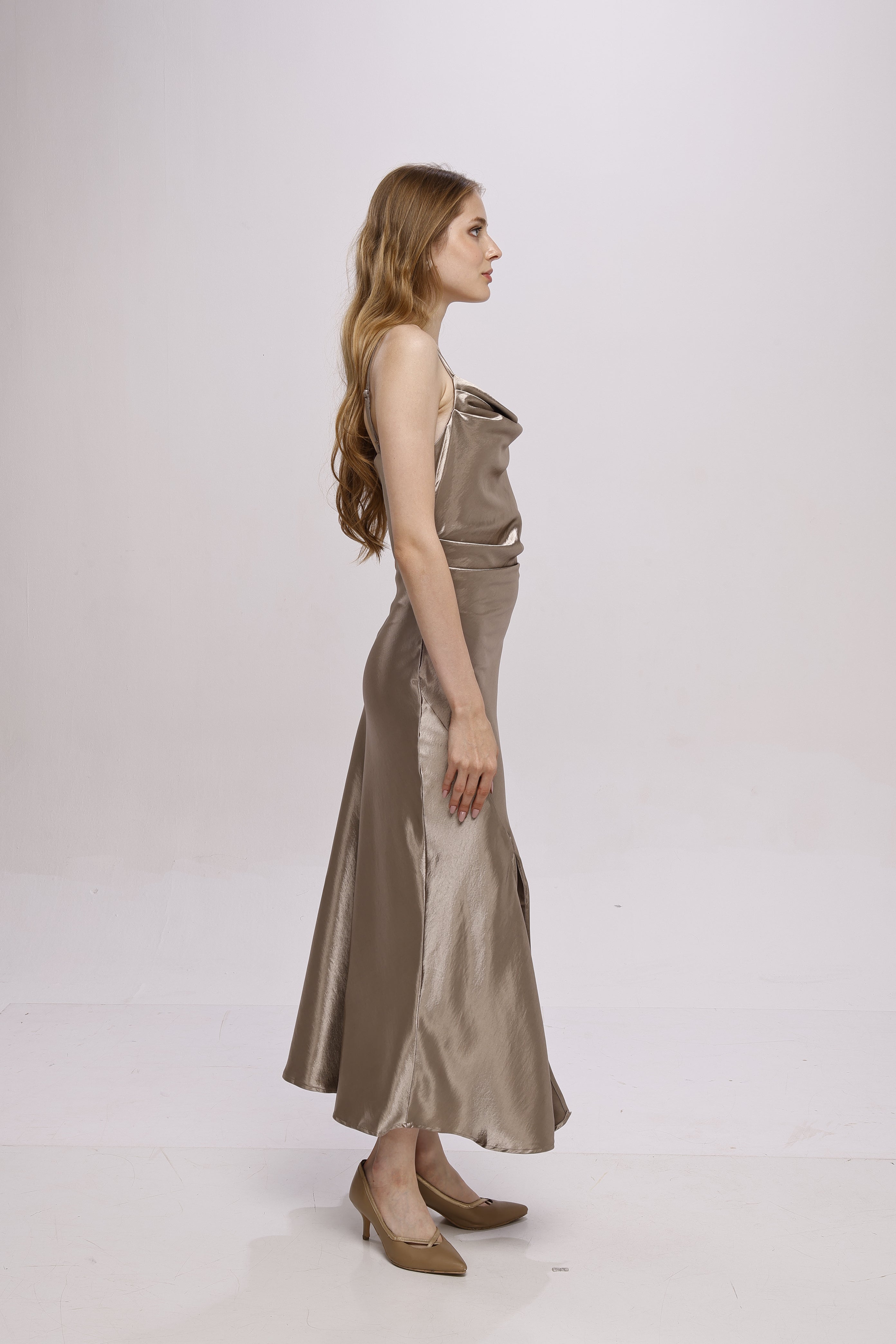 Solid Spaghetti Straps satin midi dress Grey