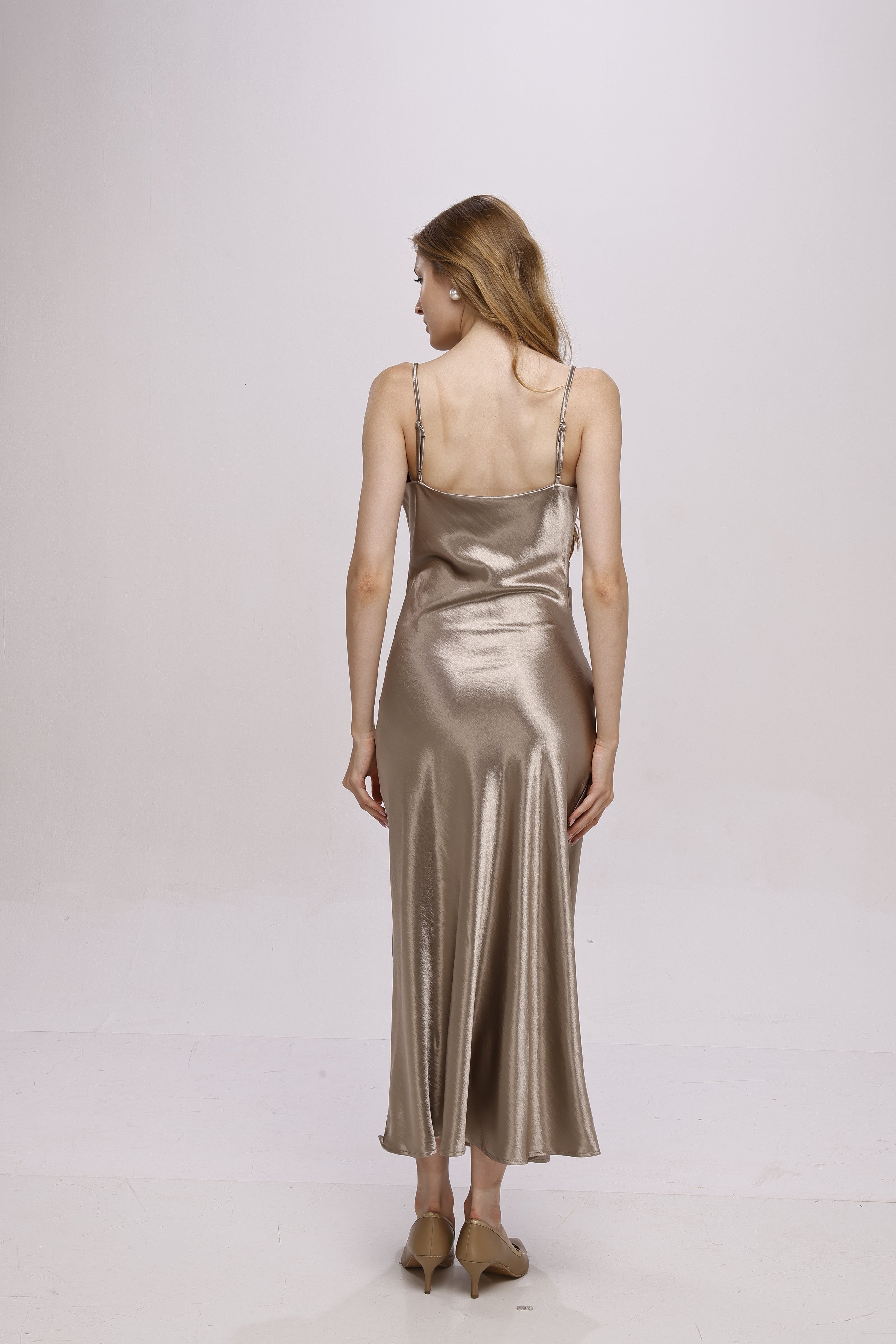 Solid Spaghetti Straps satin midi dress Grey