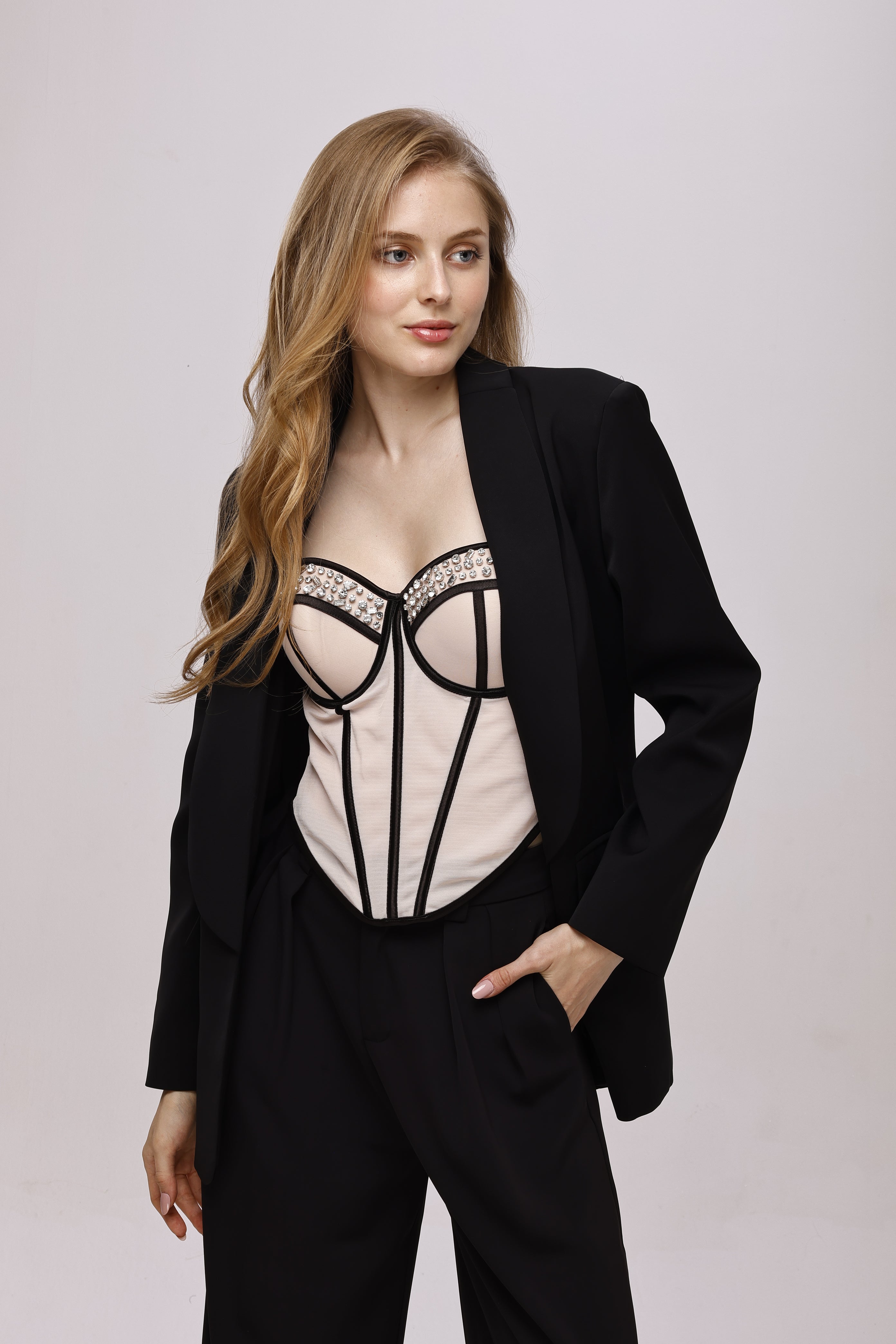 Fancy rhinestone corset top Beige