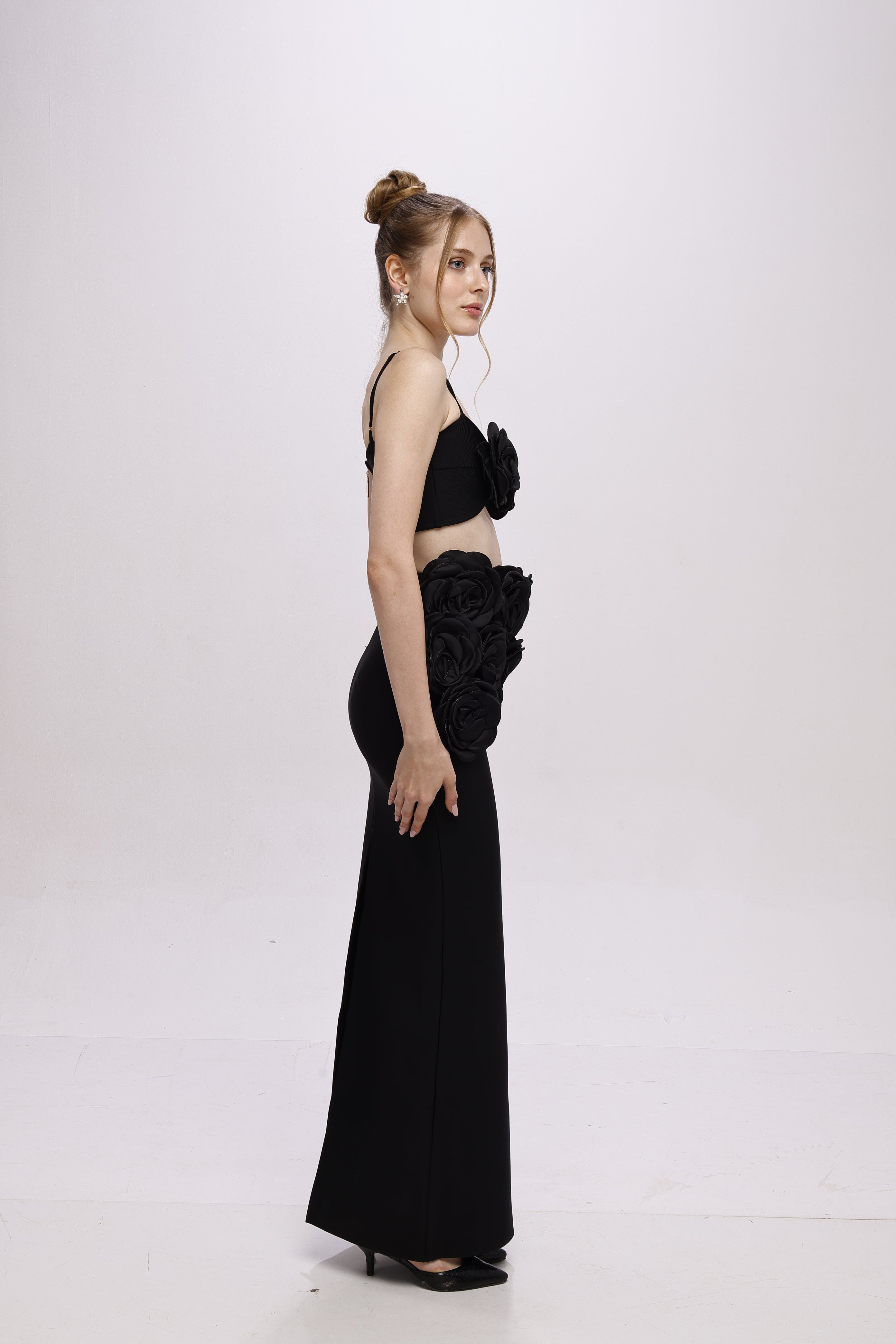 Bandage flower top co-ord skirt set Black