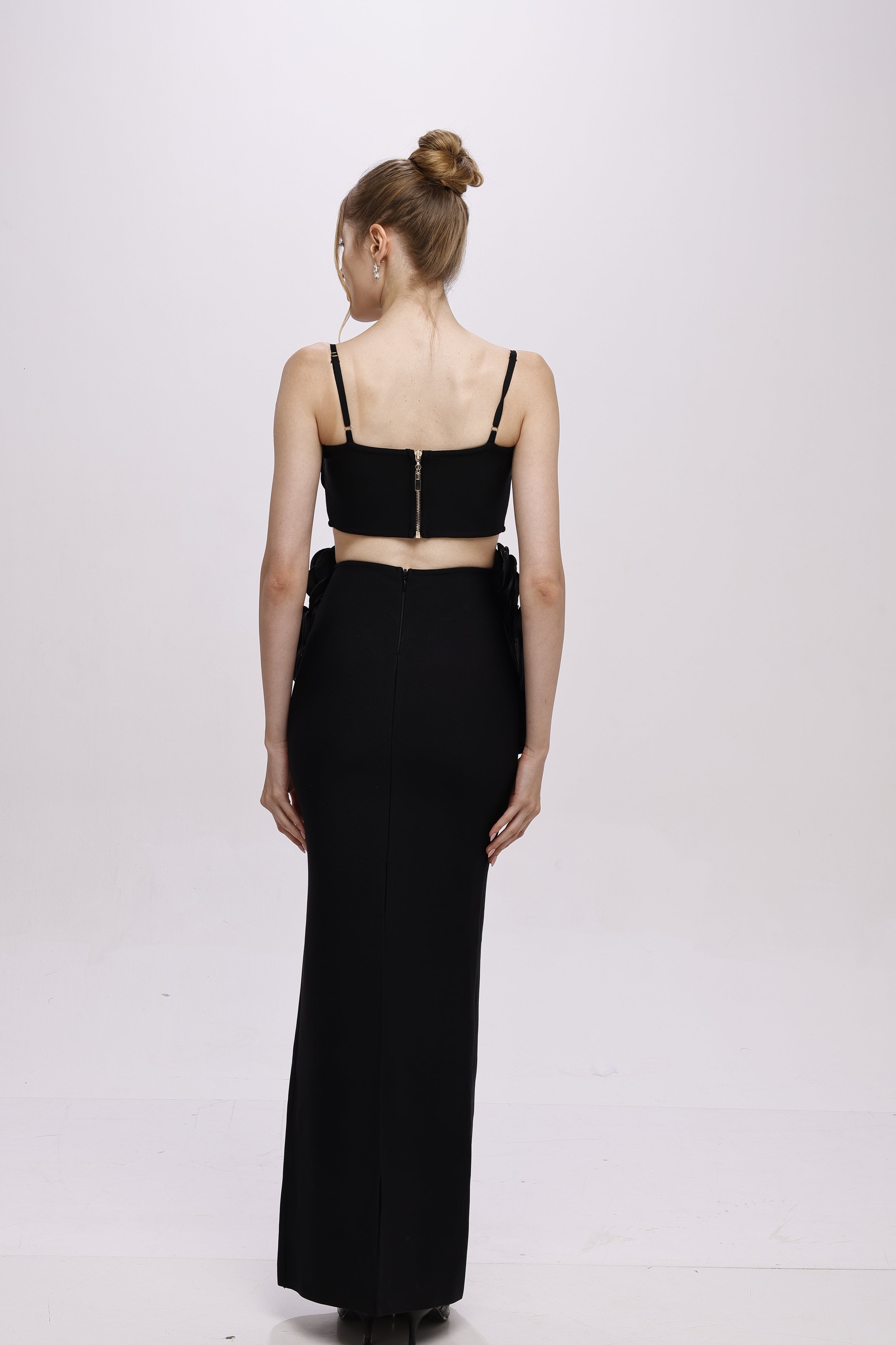 Bandage flower top co-ord skirt set Black