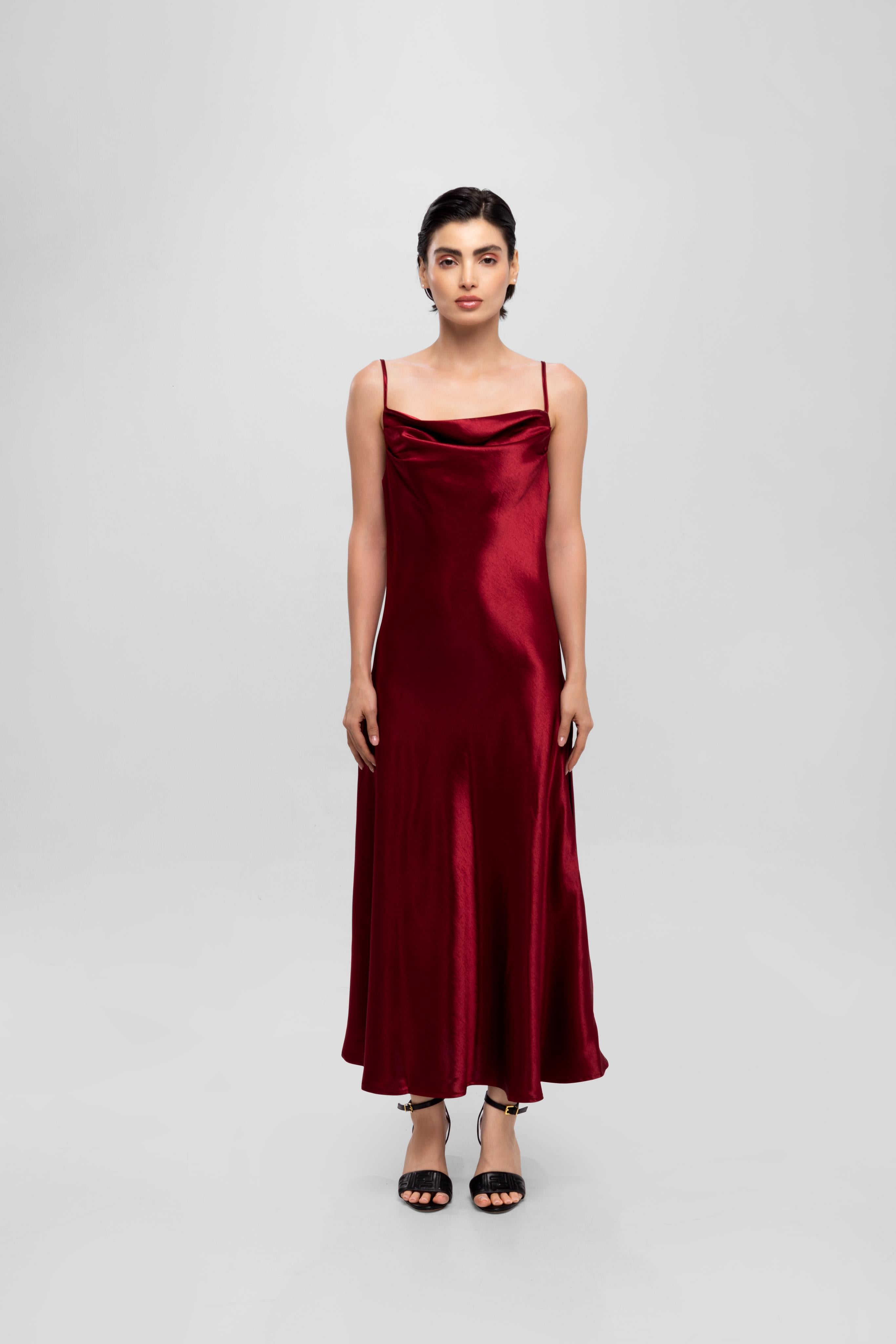 Solid Spaghetti Straps satin midi dress Red