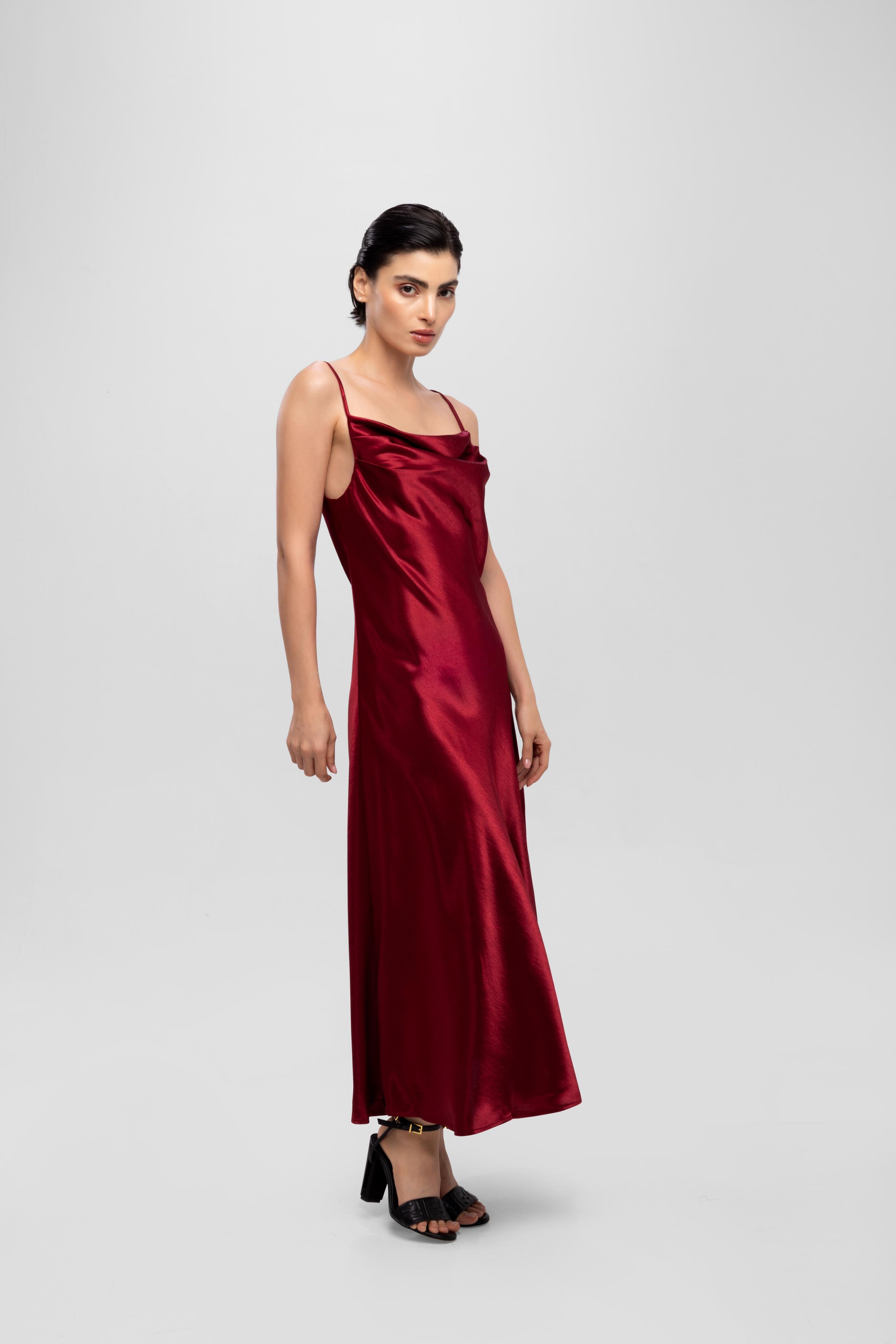 Solid Spaghetti Straps satin midi dress Red