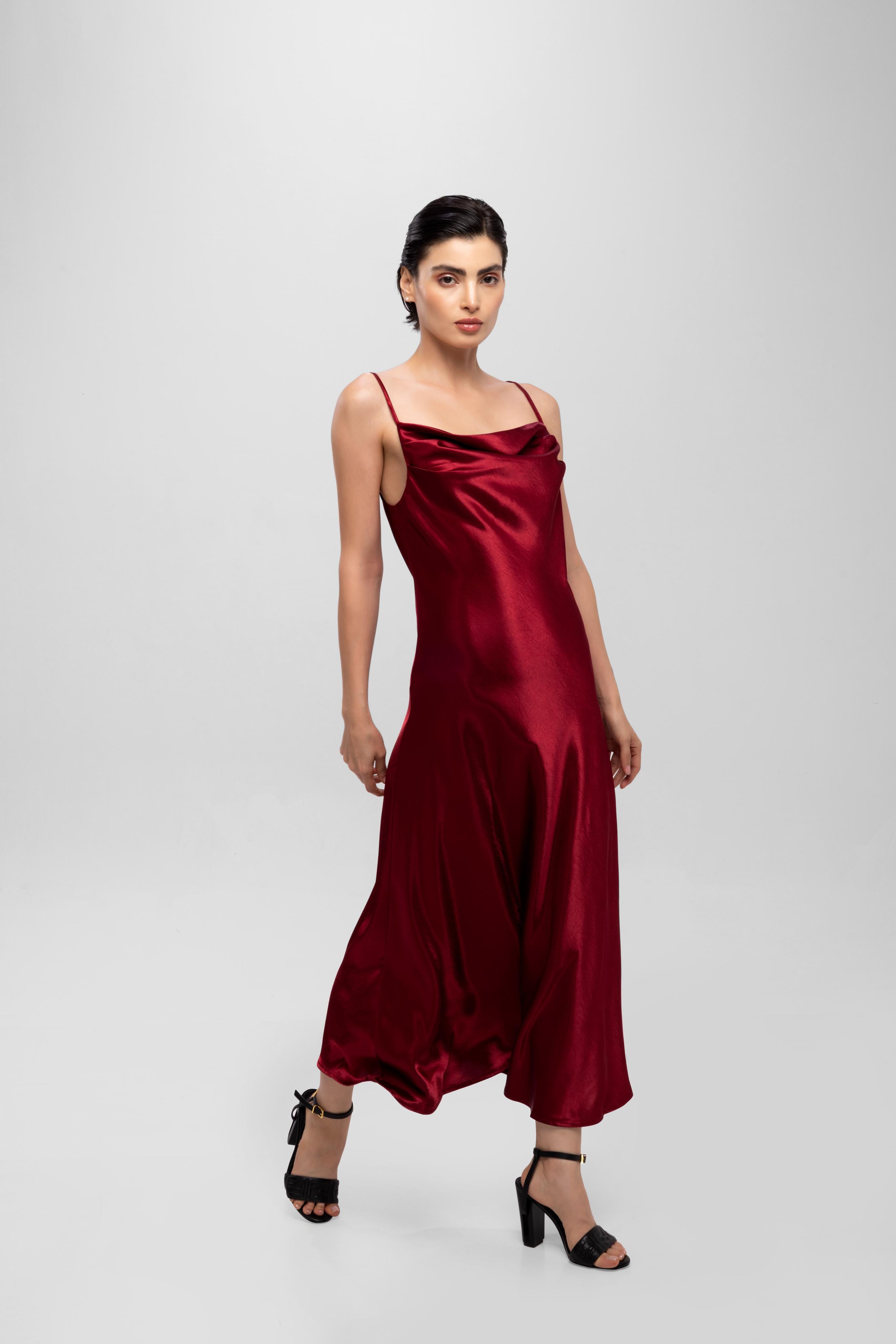 Solid Spaghetti Straps satin midi dress Red