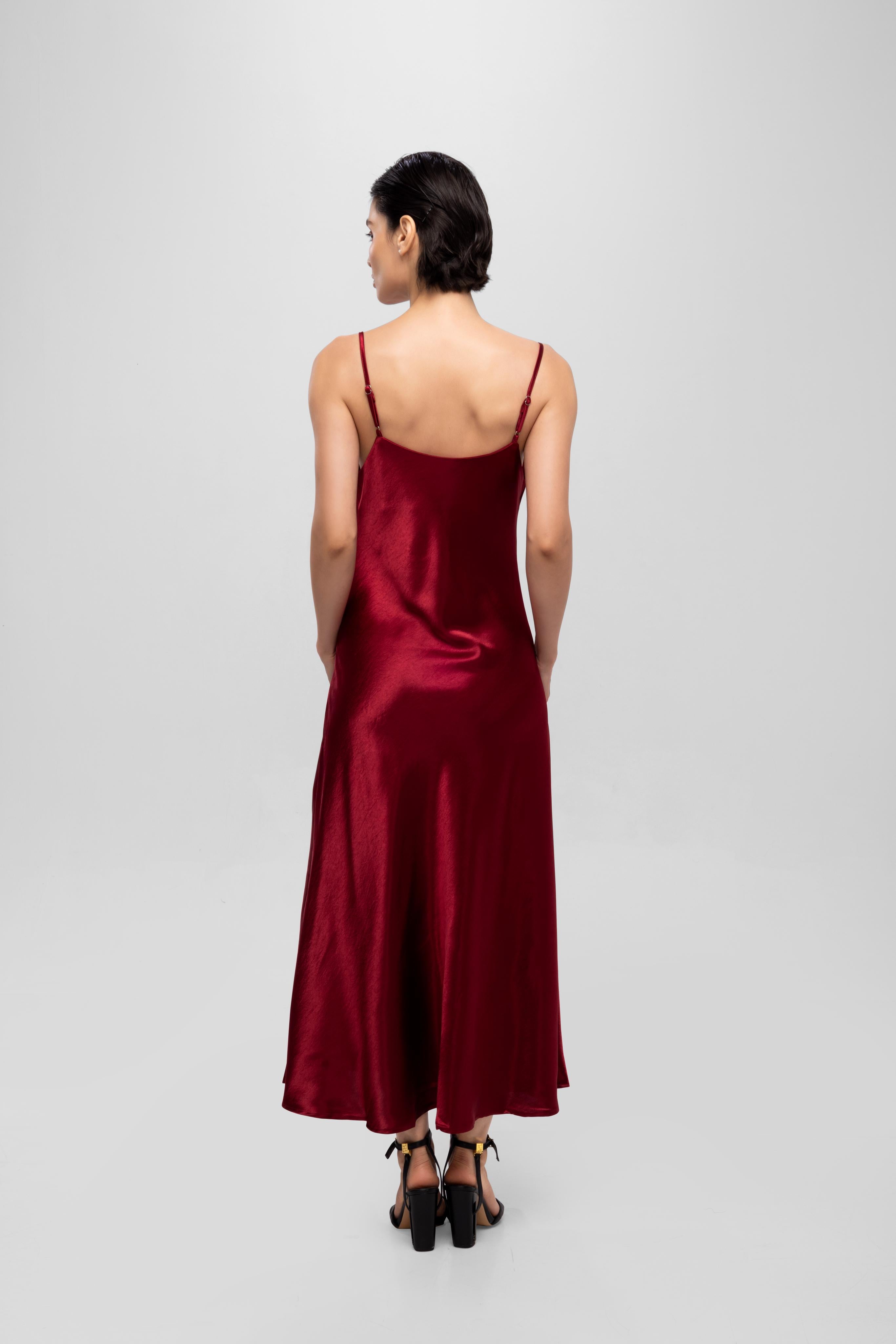 Solid Spaghetti Straps satin midi dress Red