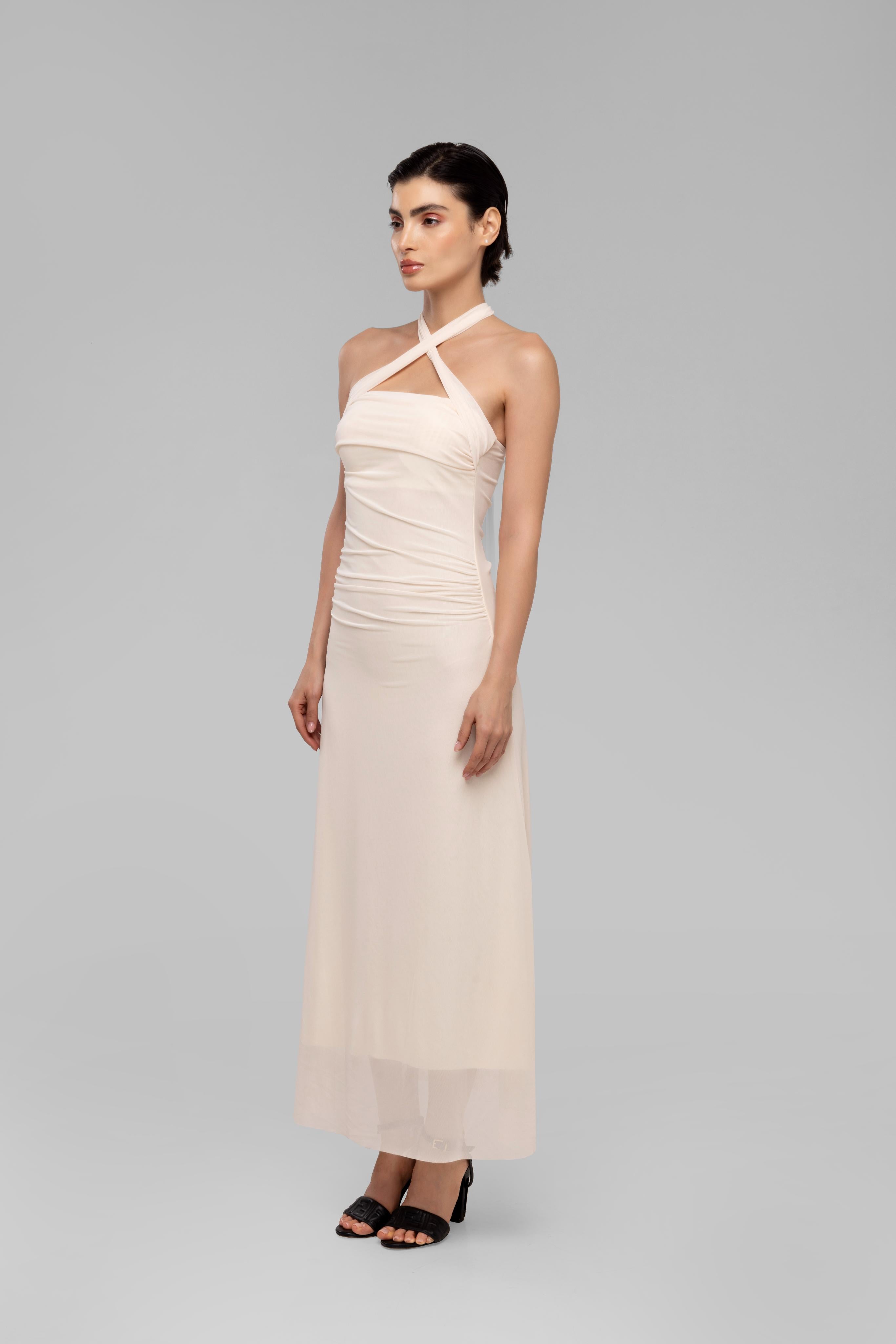 Solid Spaghetti Straps mesh midi dress Beige