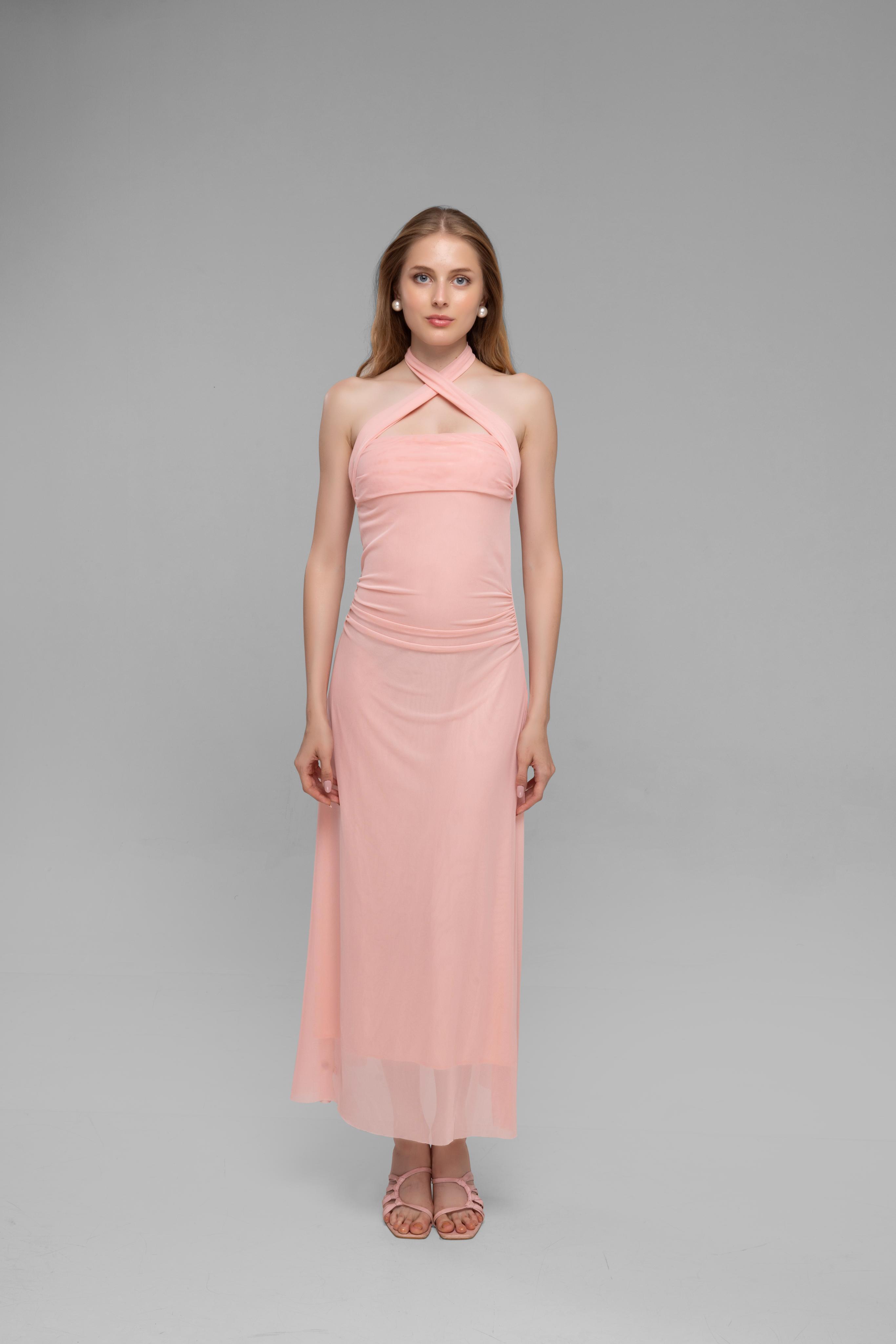 Solid Spaghetti Straps mesh midi dress Pink