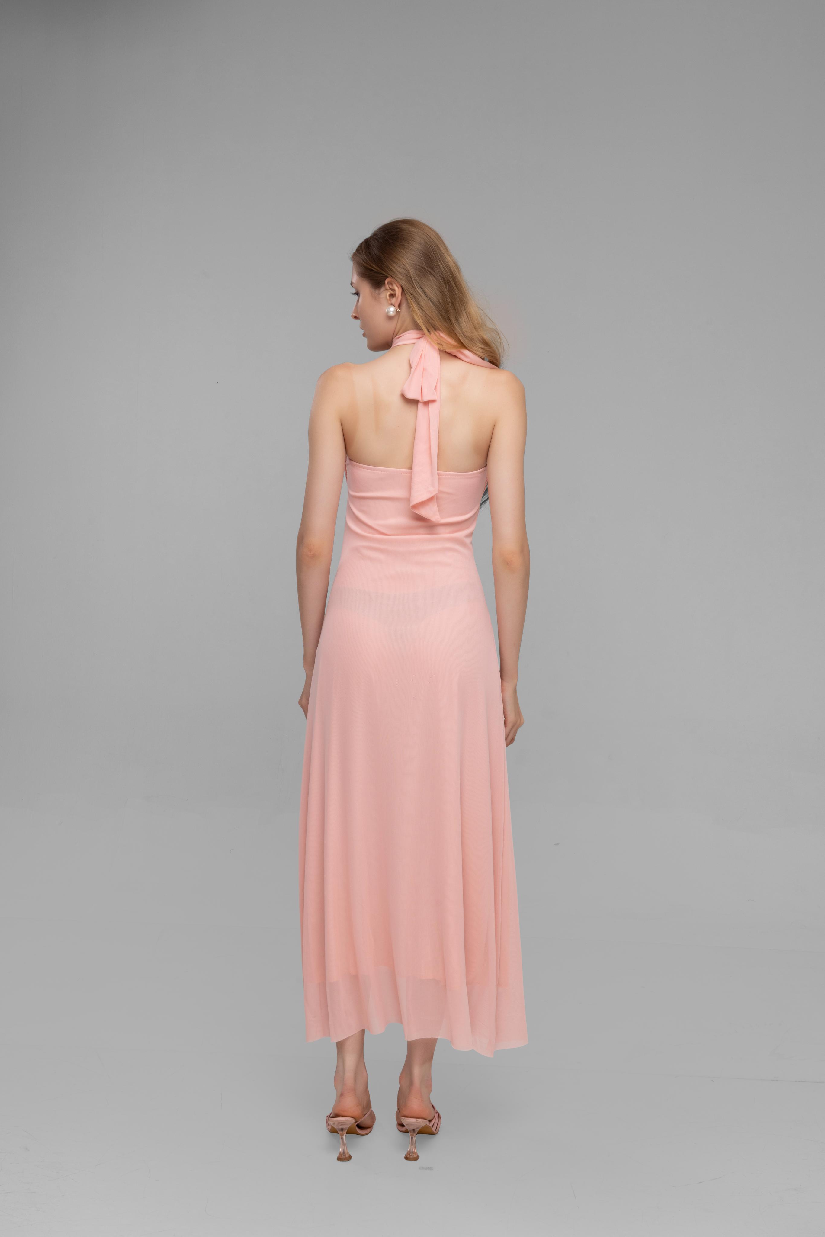 Solid Spaghetti Straps mesh midi dress Pink