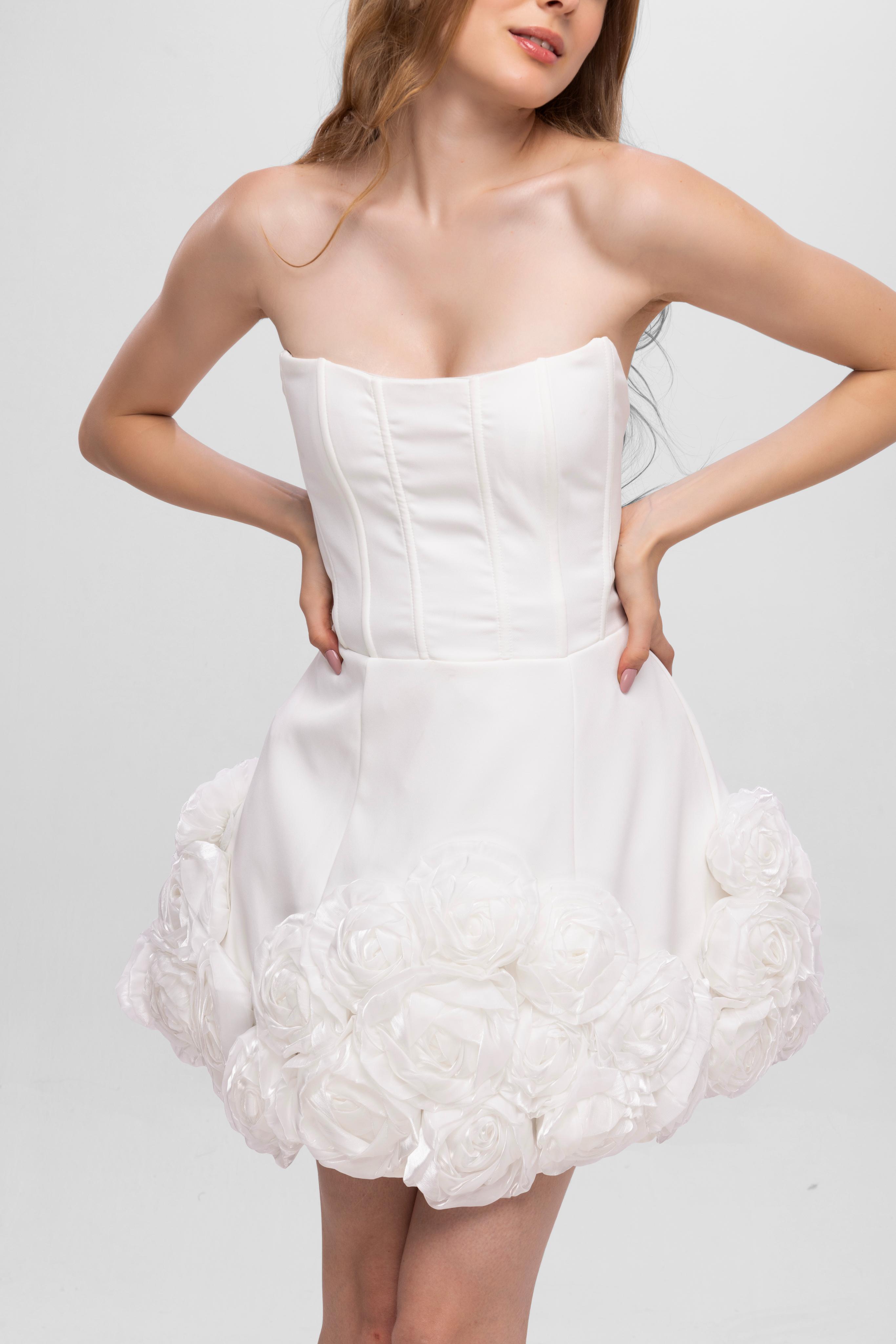 Solid off shoulder flower baloon short dress White