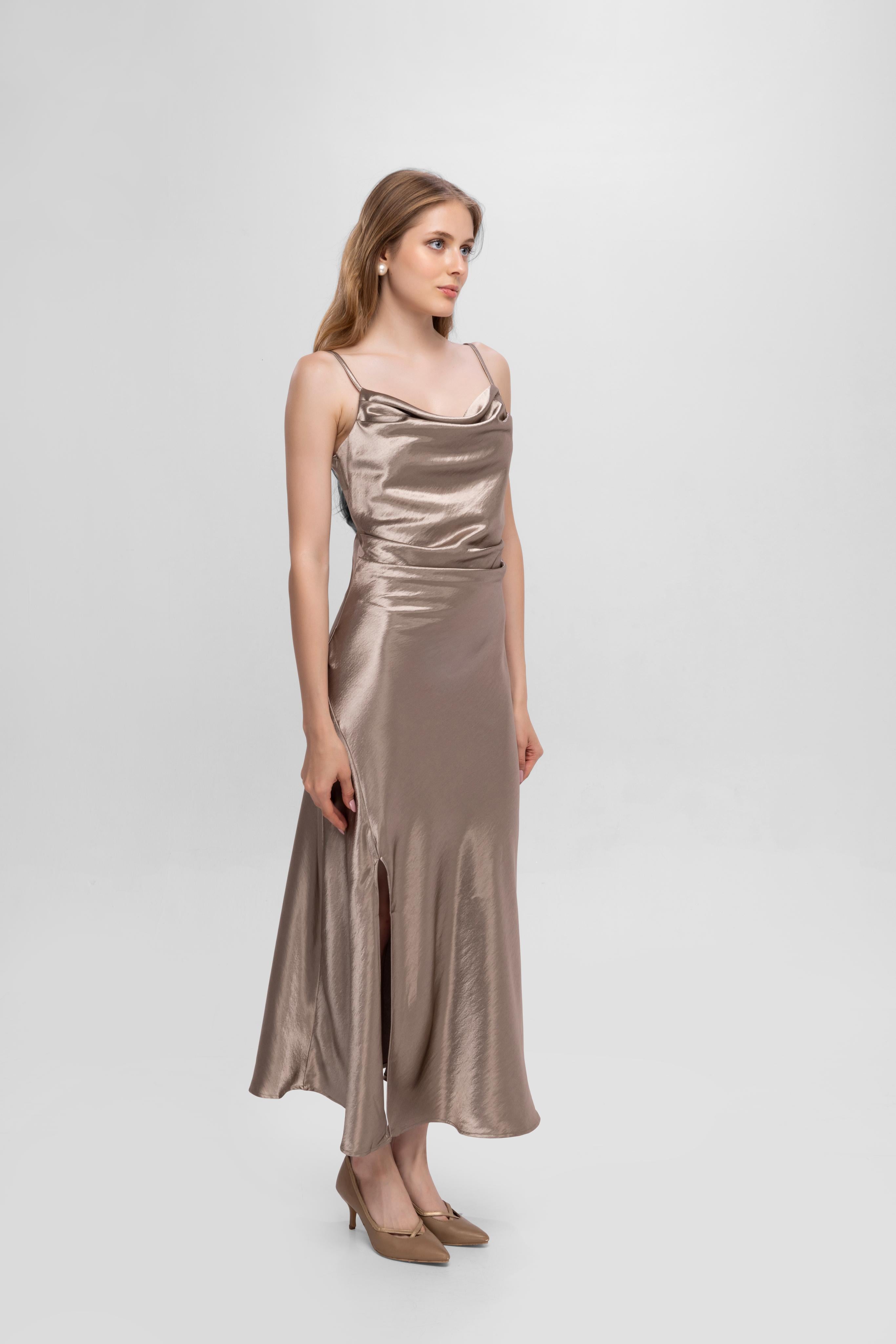 Solid Spaghetti Straps satin midi dress Grey