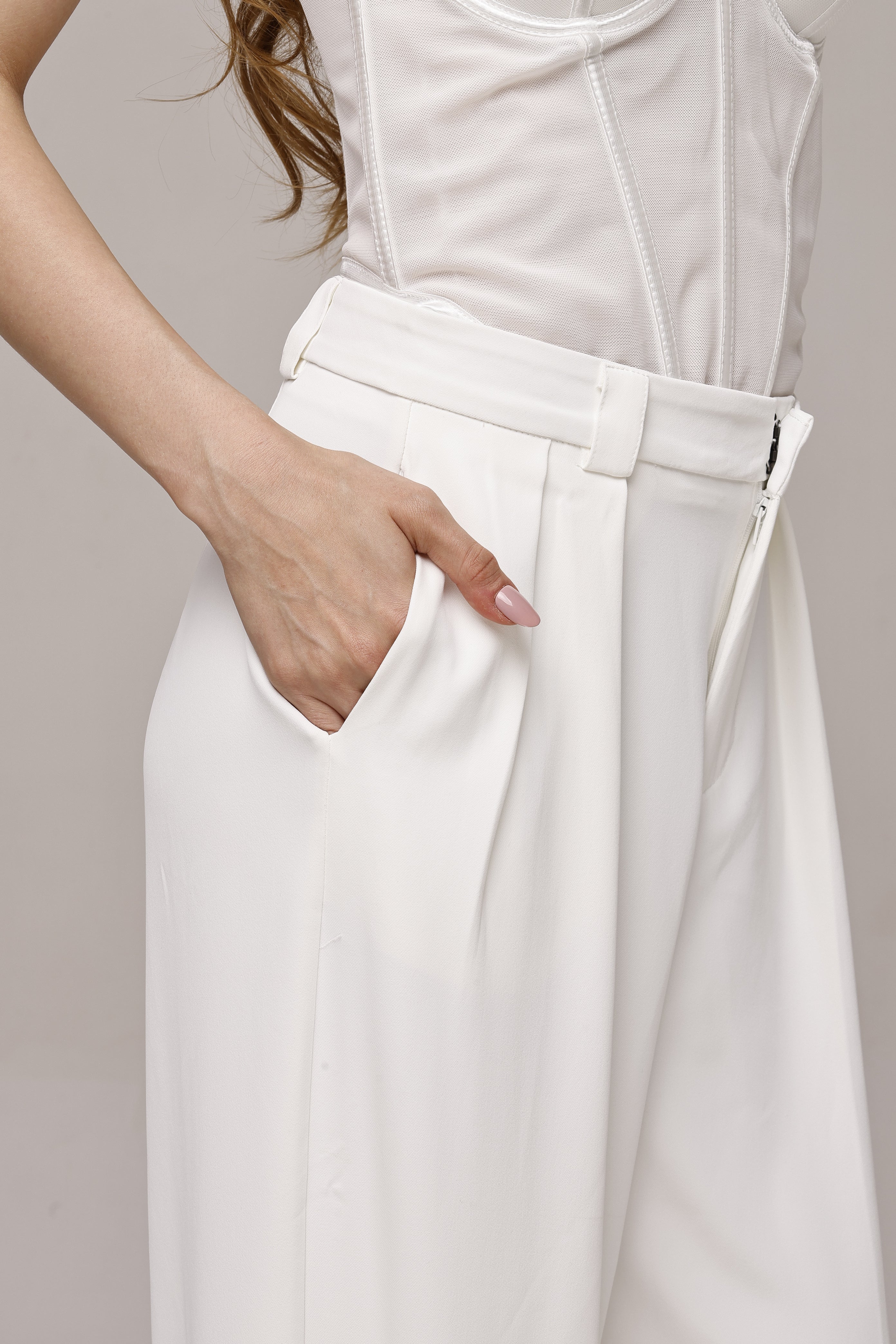 Solid high waist wide leg trouser pant White