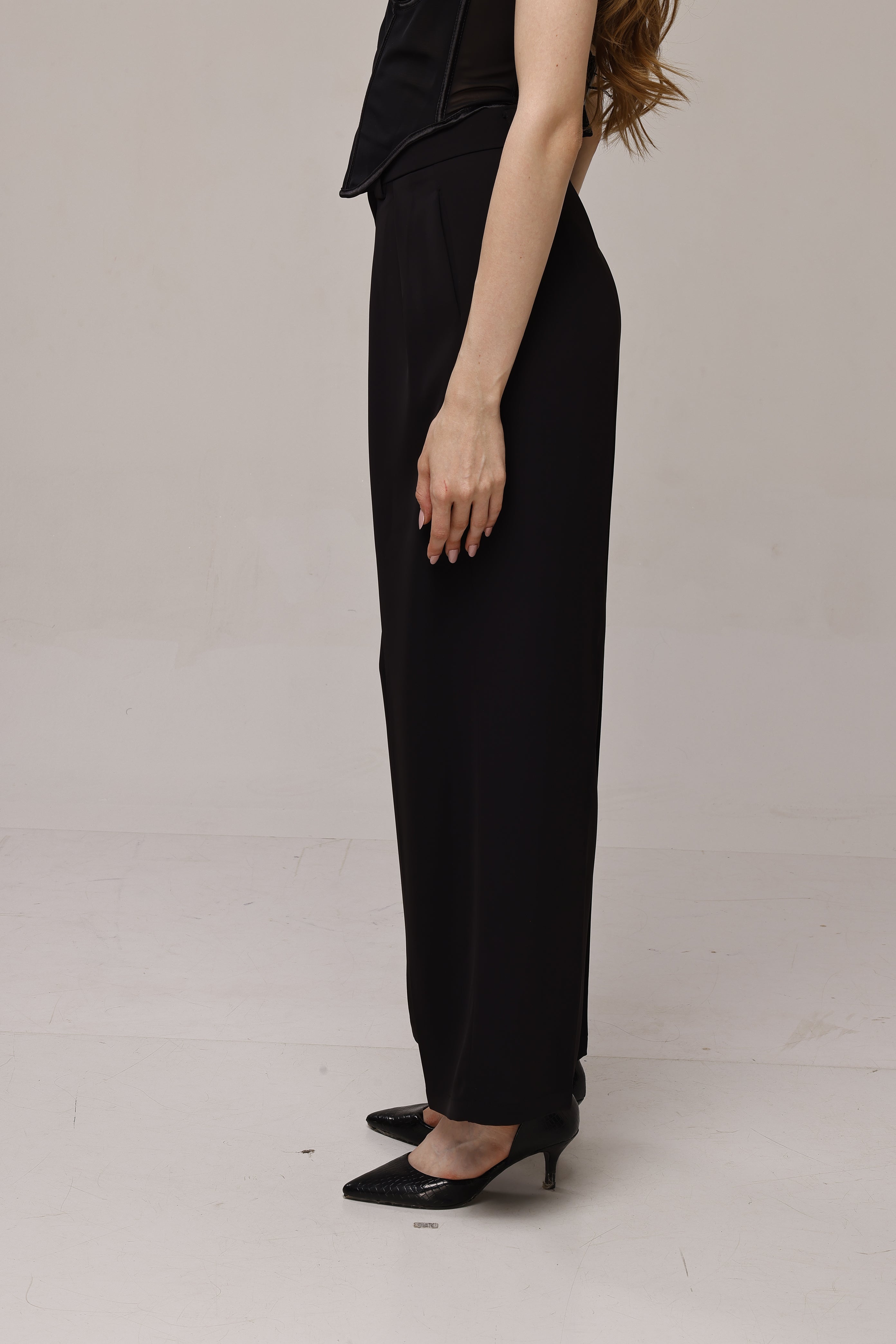 Solid high waist wide leg trouser pant