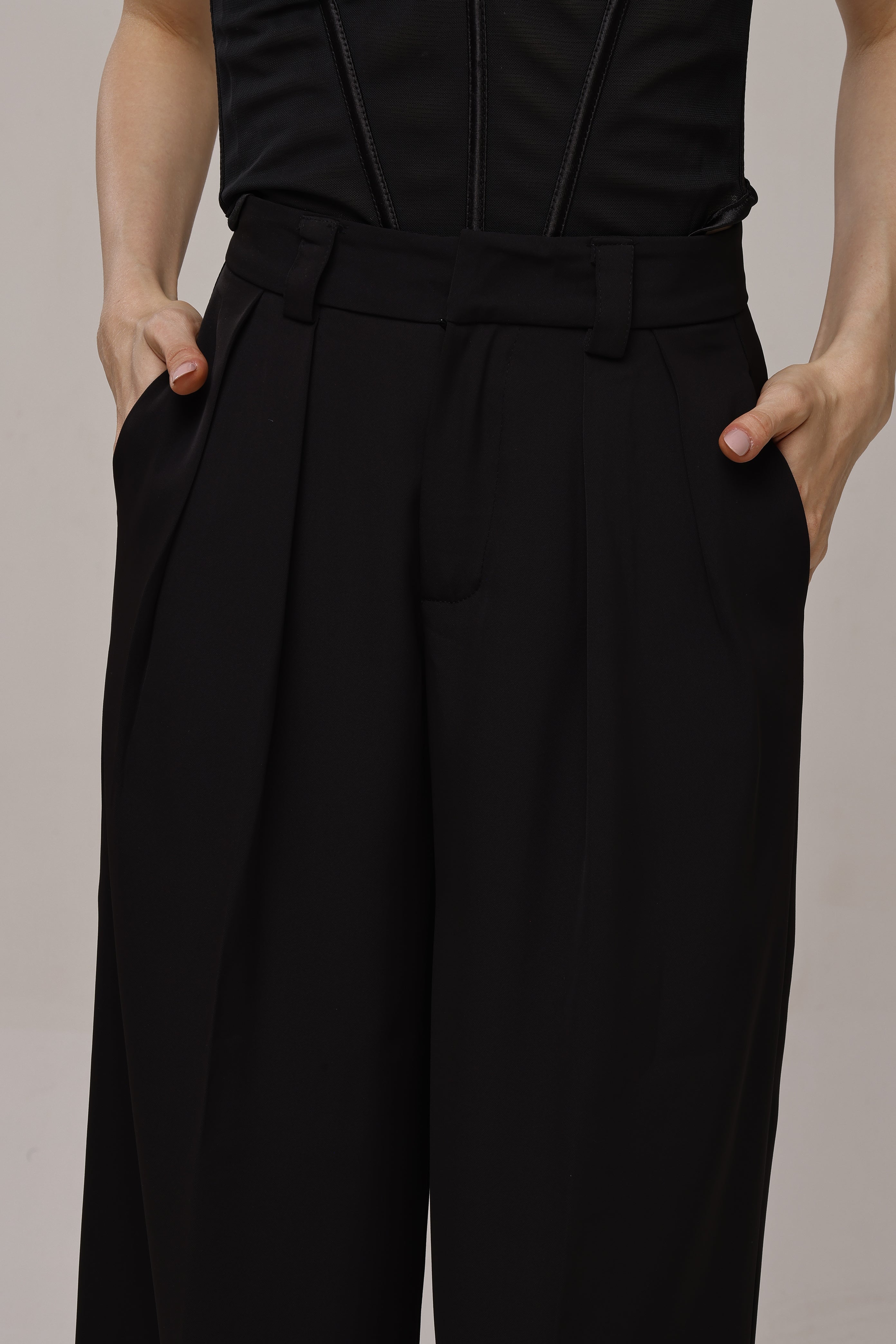 Solid high waist wide leg trouser pant